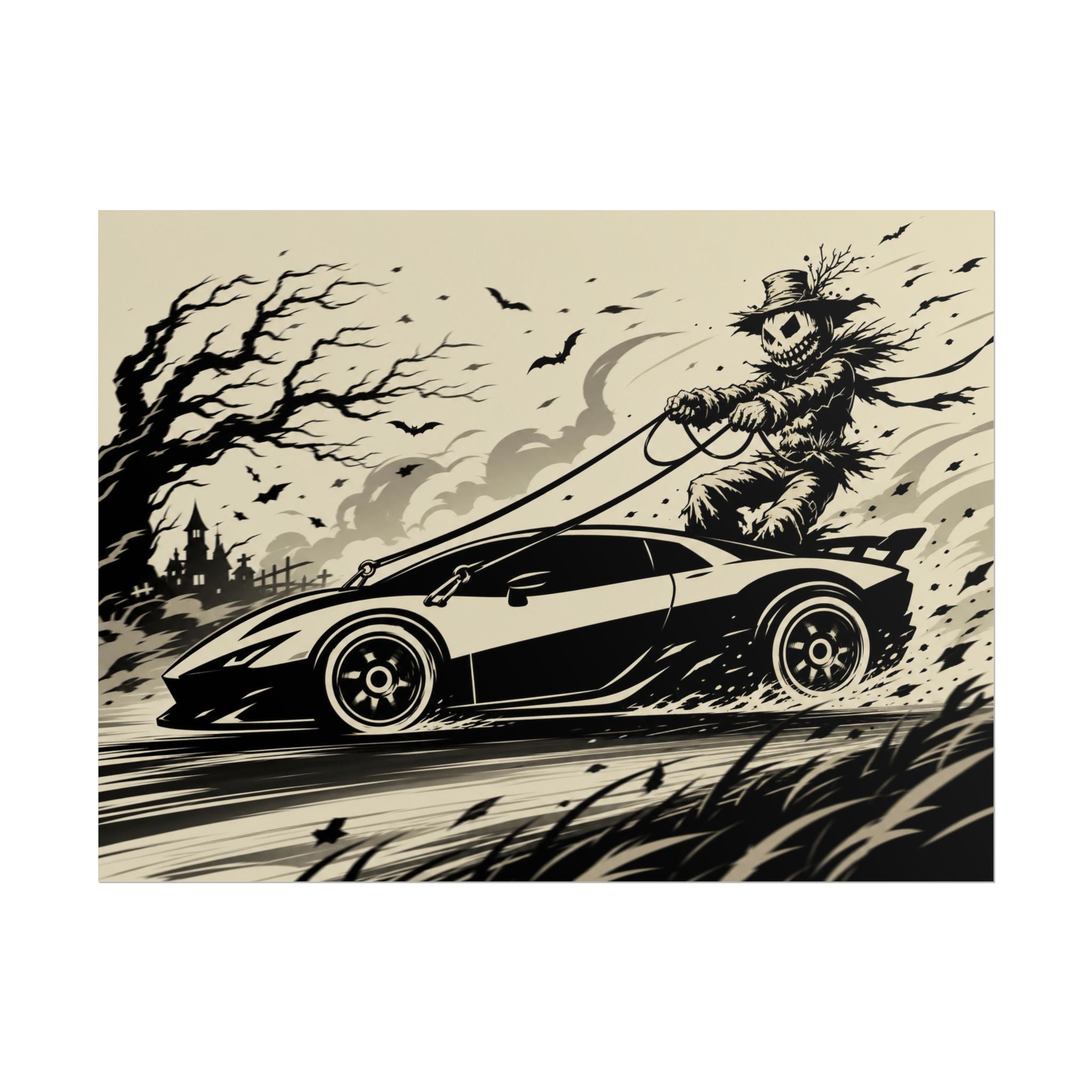Poster - Scarecrow Driving Sports Car Vintage Halloween Art Print