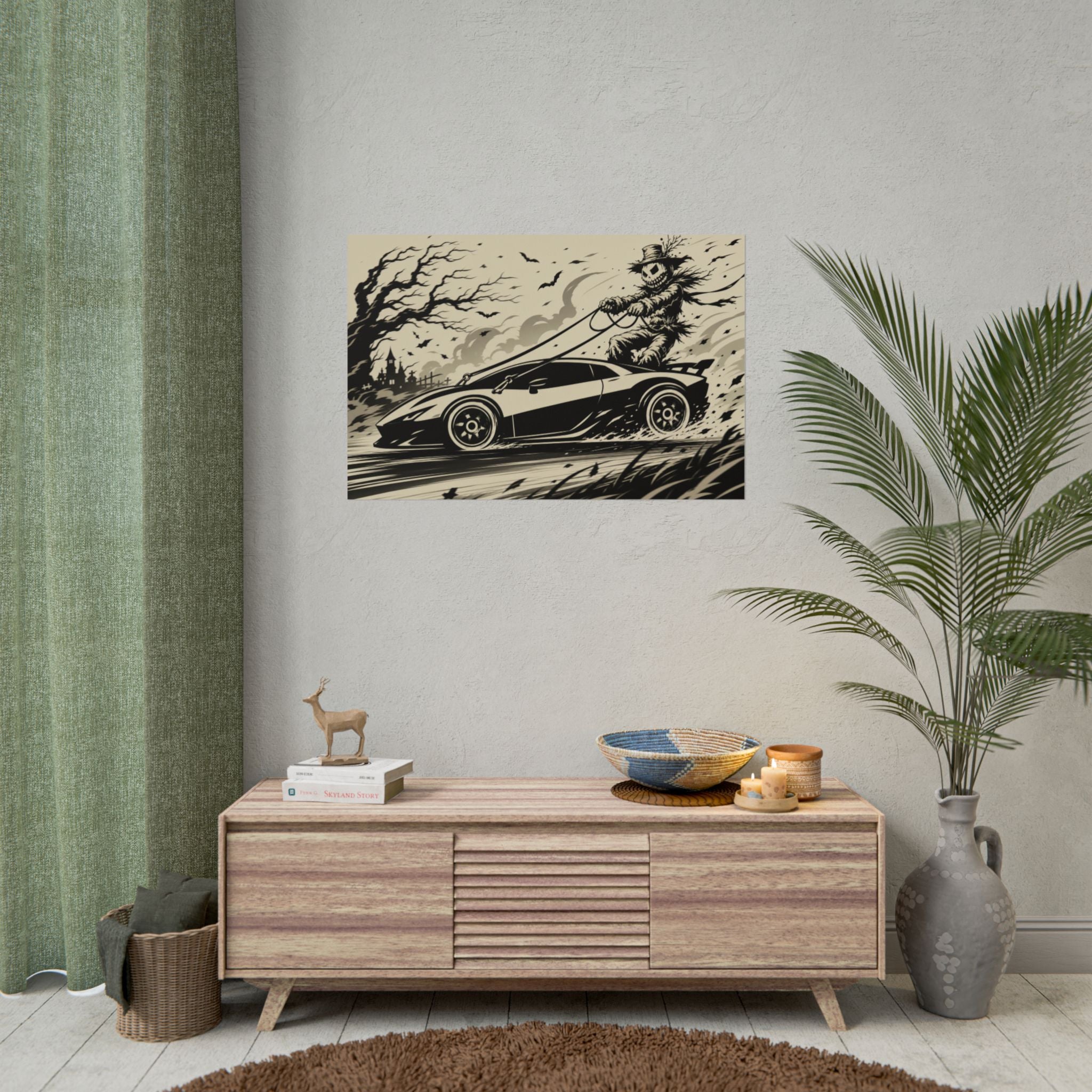Poster - Scarecrow Driving Sports Car Vintage Halloween Art Print