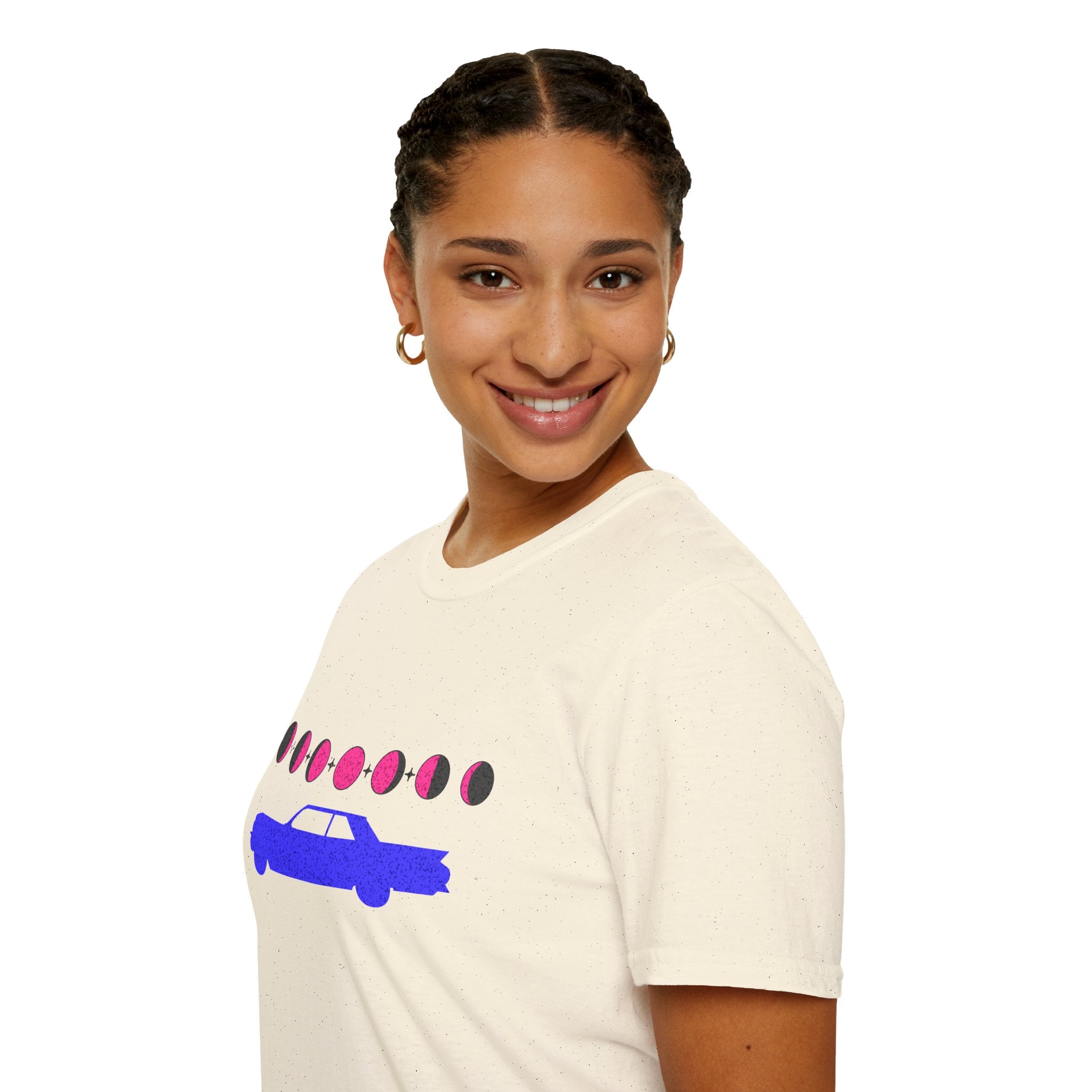 Retro Moon Phase Car T‑Shirt — Blue Classic Car with Pink Moon Phases