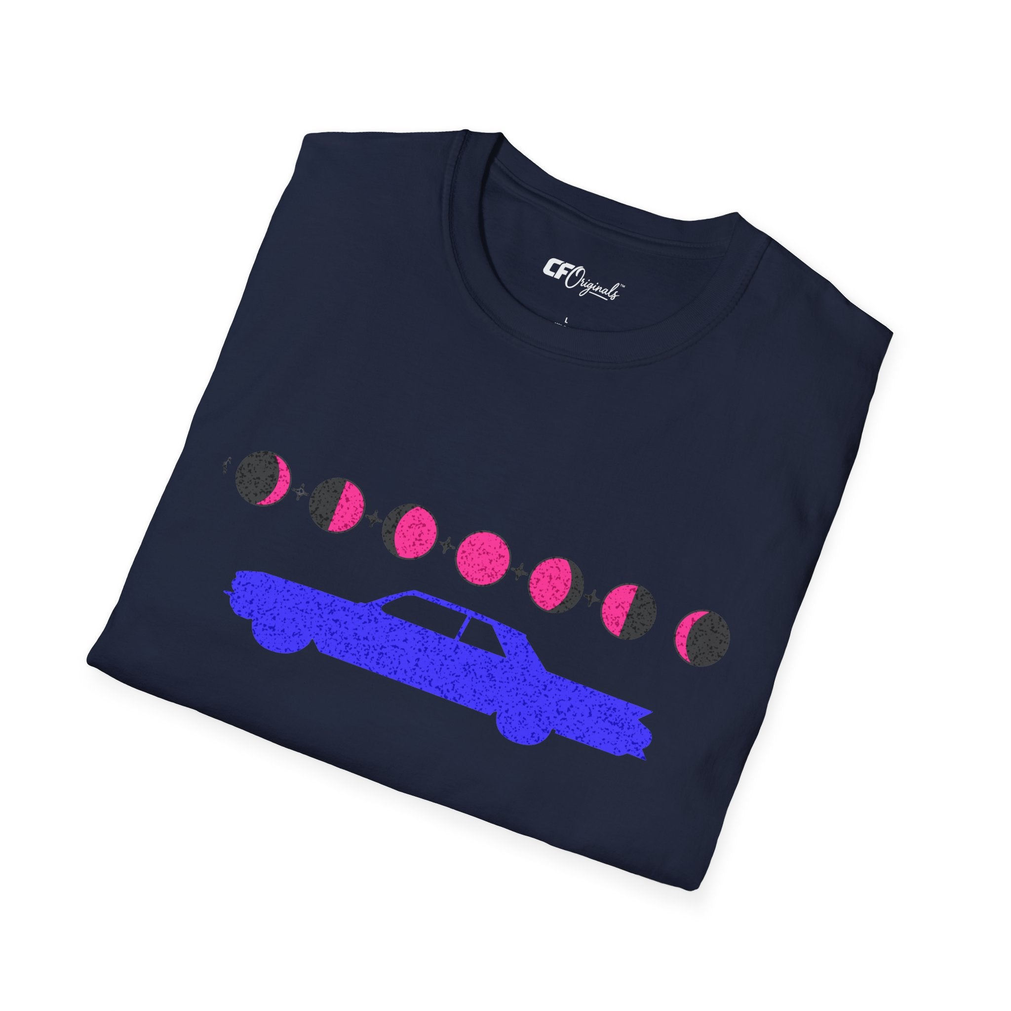 Retro Moon Phase Car T‑Shirt — Blue Classic Car with Pink Moon Phases