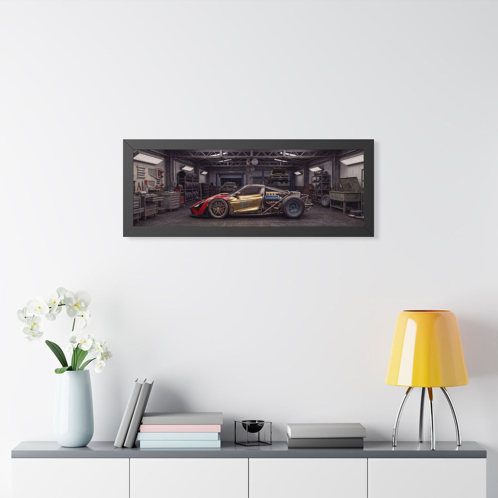 Framed Horizontal Poster — Retro Race Car Garage Print