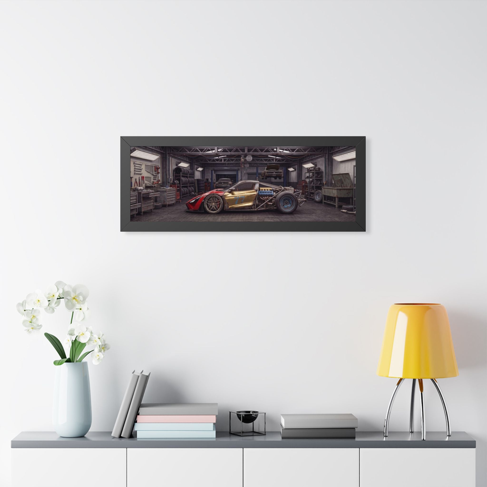 Framed Horizontal Poster — Retro Race Car Garage Print
