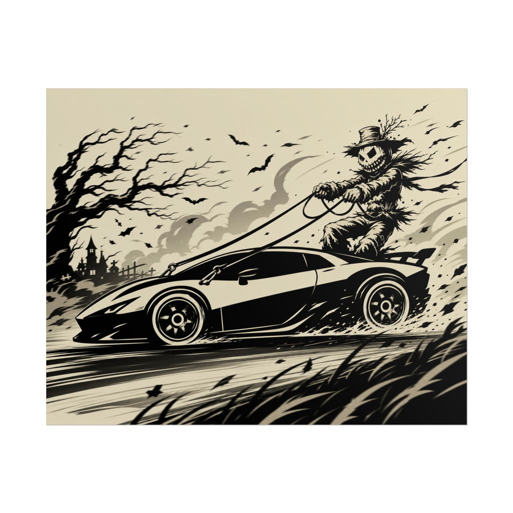 Poster - Scarecrow Driving Sports Car Vintage Halloween Art Print