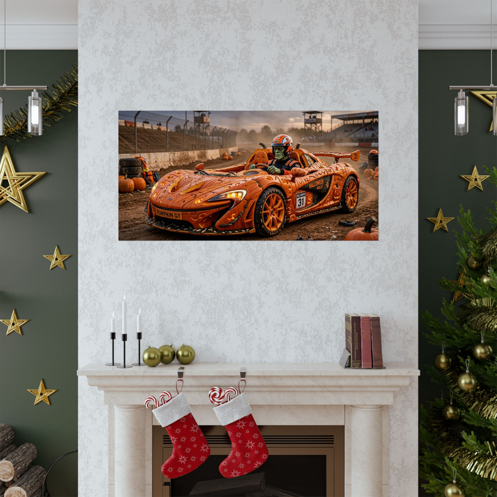 Halloween Race Car Poster — Orange Pumpkin Sports Car Matte Horizontal Print