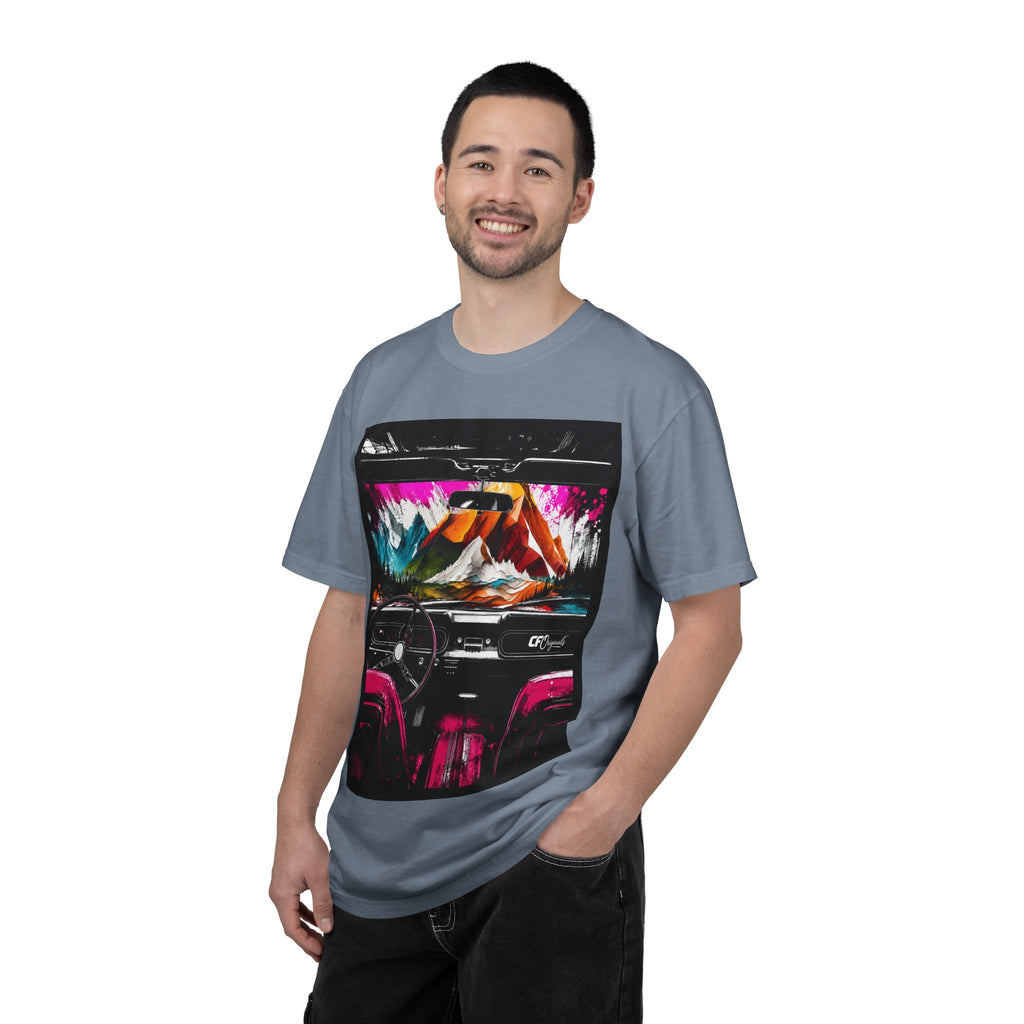 CarFits.store Big Prints T-Shirt — Retro Engine & Scenic Drive