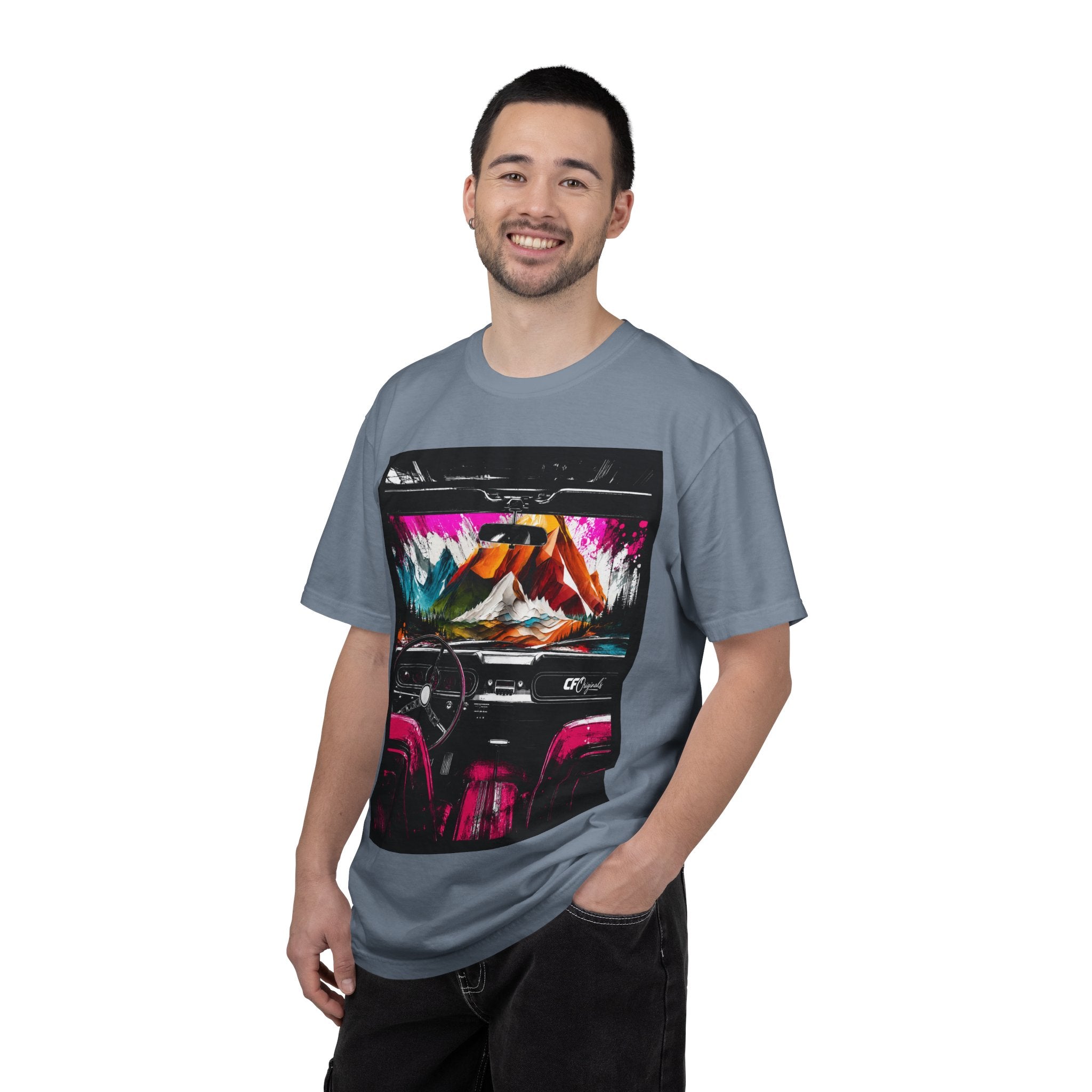 CarFits.store Big Prints T-Shirt — Retro Engine & Scenic Drive