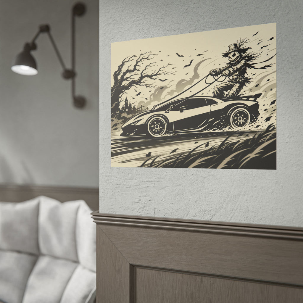 Poster - Scarecrow Driving Sports Car Vintage Halloween Art Print