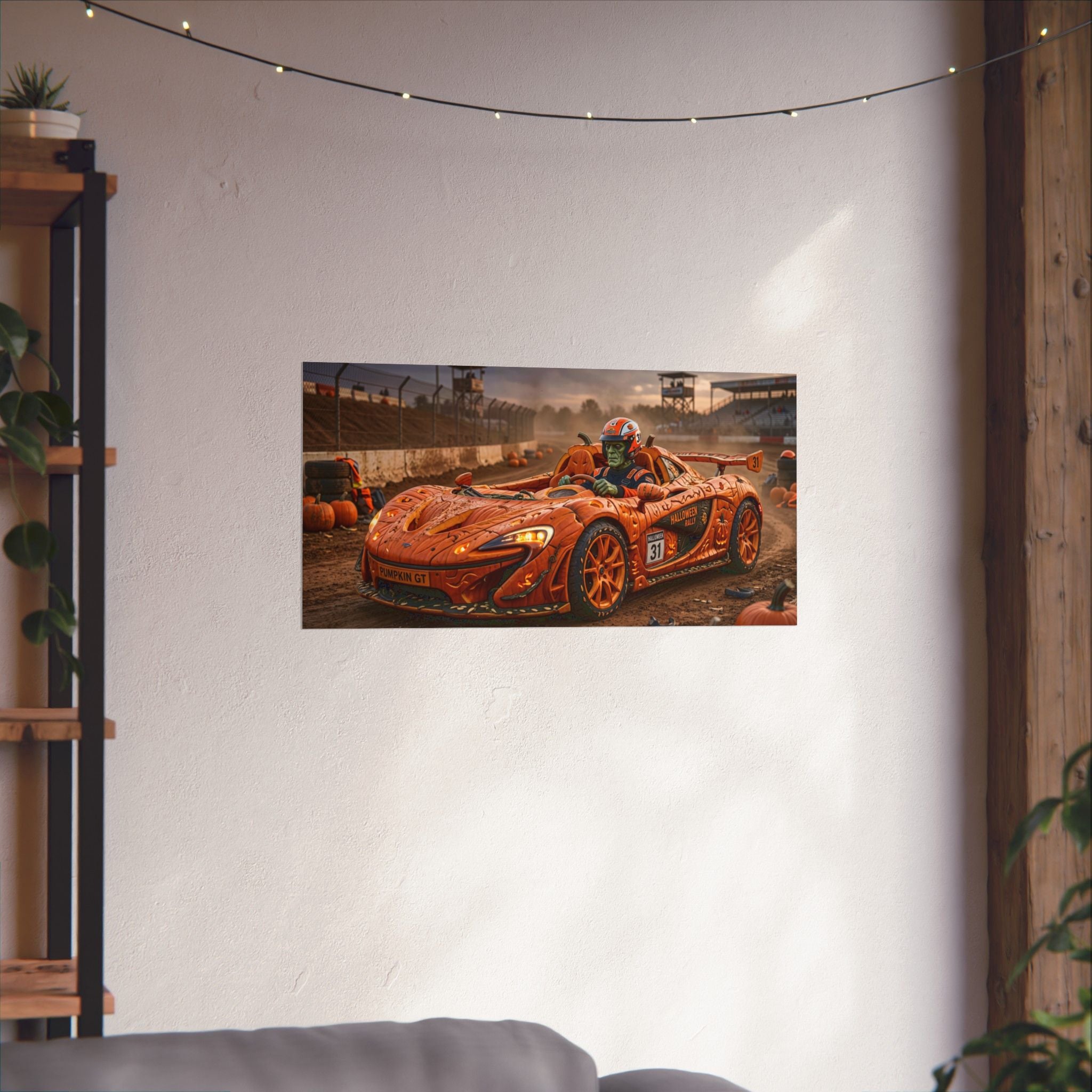 Halloween Race Car Poster — Orange Pumpkin Sports Car Matte Horizontal Print
