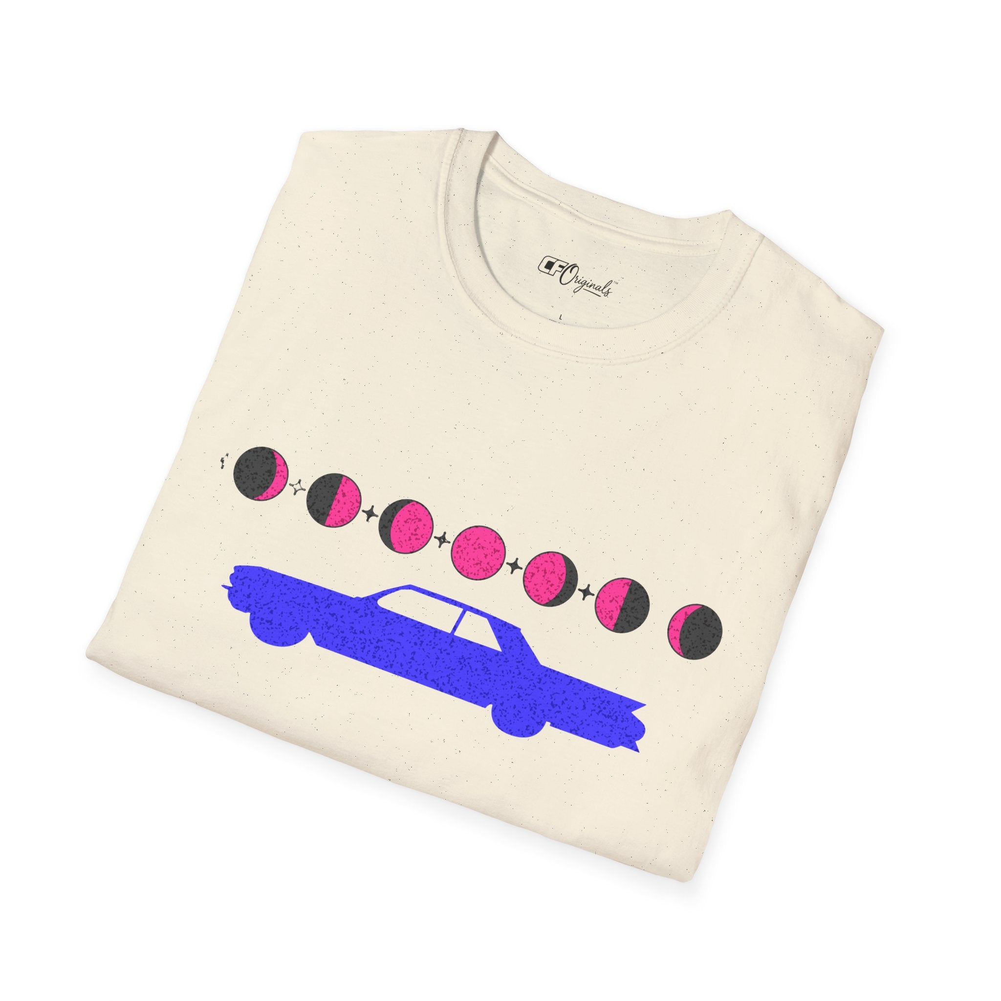 Retro Moon Phase Car T‑Shirt — Blue Classic Car with Pink Moon Phases