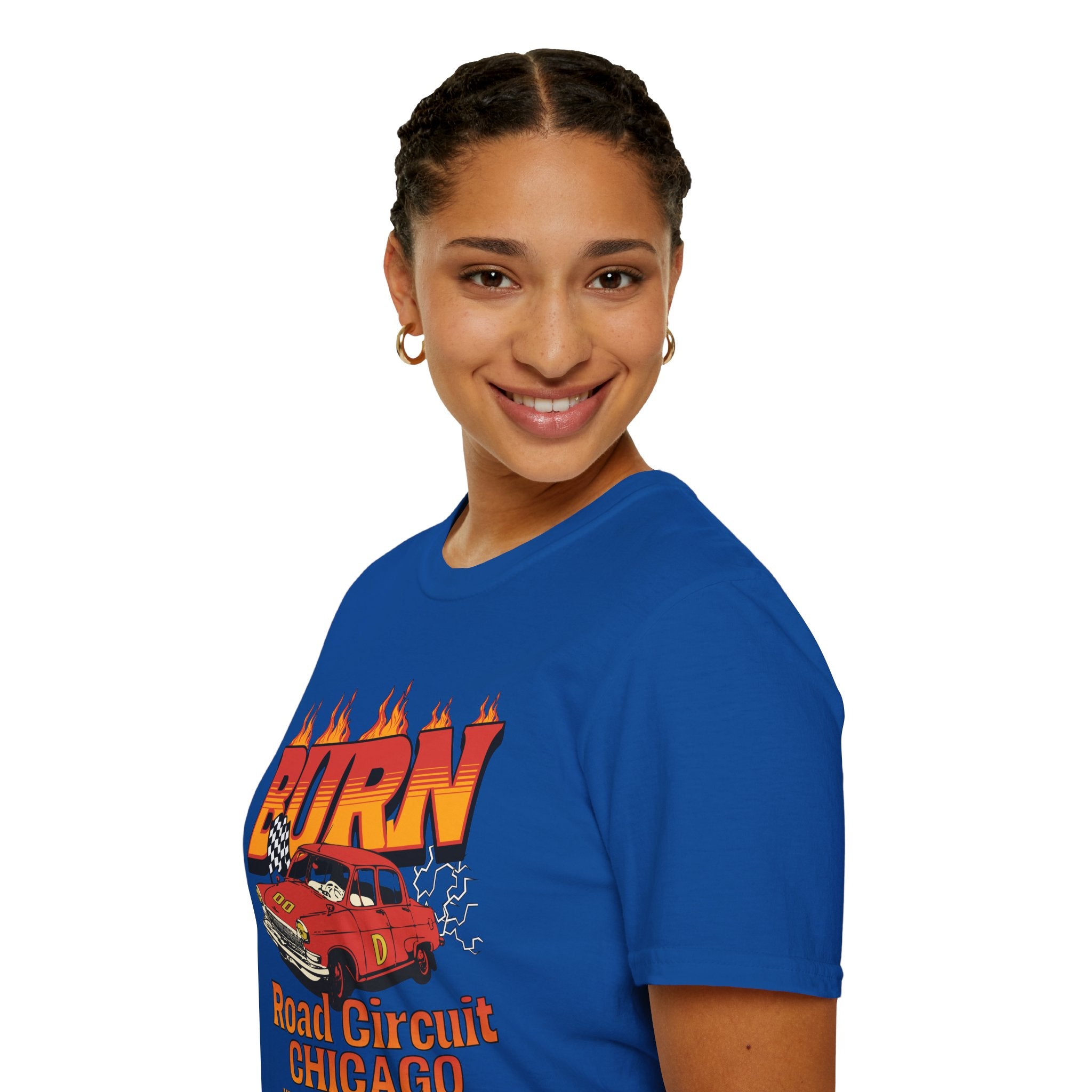 Racing 'BURN' Graphic Tee — Retro Flaming Racecar Chicago Track Shirt