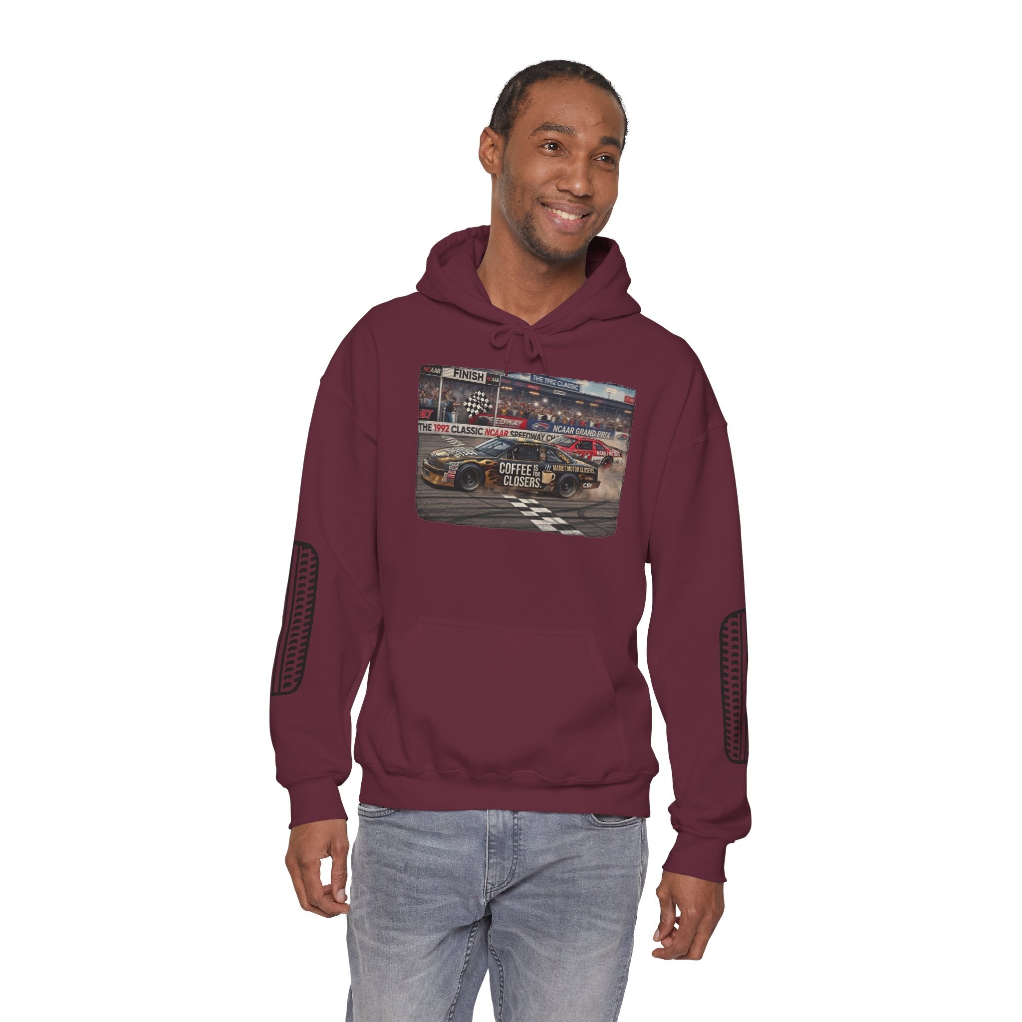 Racing Garage Hooded Sweatshirt — Vintage Racecar Track Scene