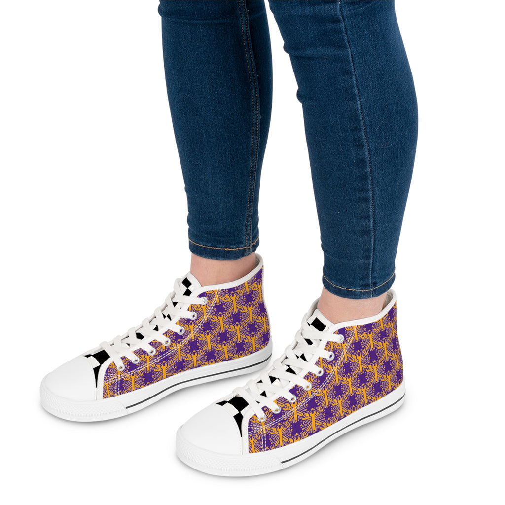Purple and Gold Wrench High-Tops — Women's Patterned Canvas Shoes
