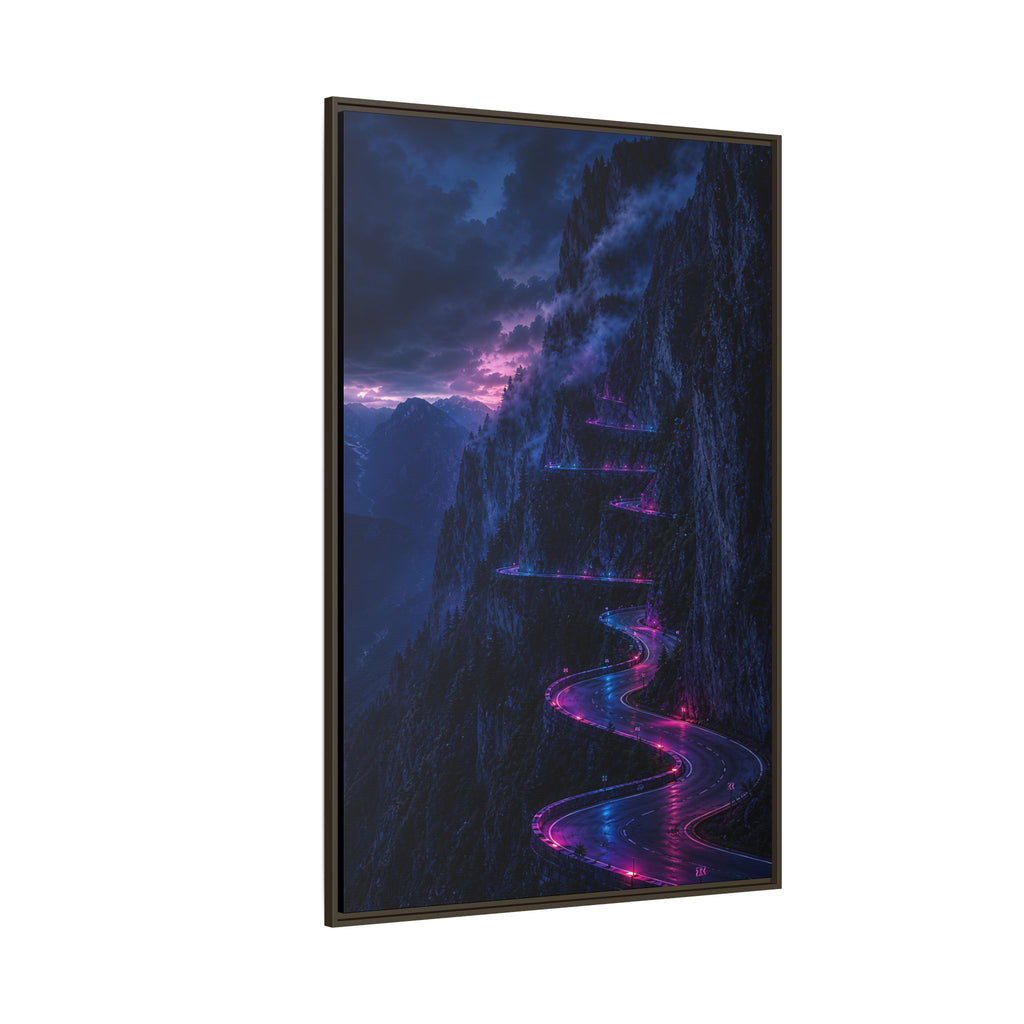 Neon Mountain Road Matte Canvas Print — Framed Nightscape Wall Art