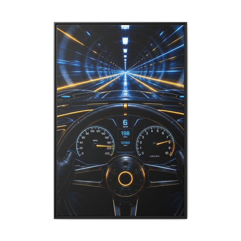 Tunnel Drive Framed Canvas Print — Retro Futuristic Car Dashboard Wall Art