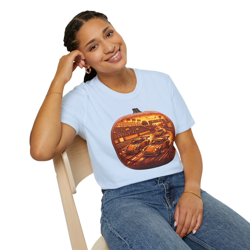 Vintage Racing Pumpkin T-Shirt — Retro Car Grand Prix Halloween Tee