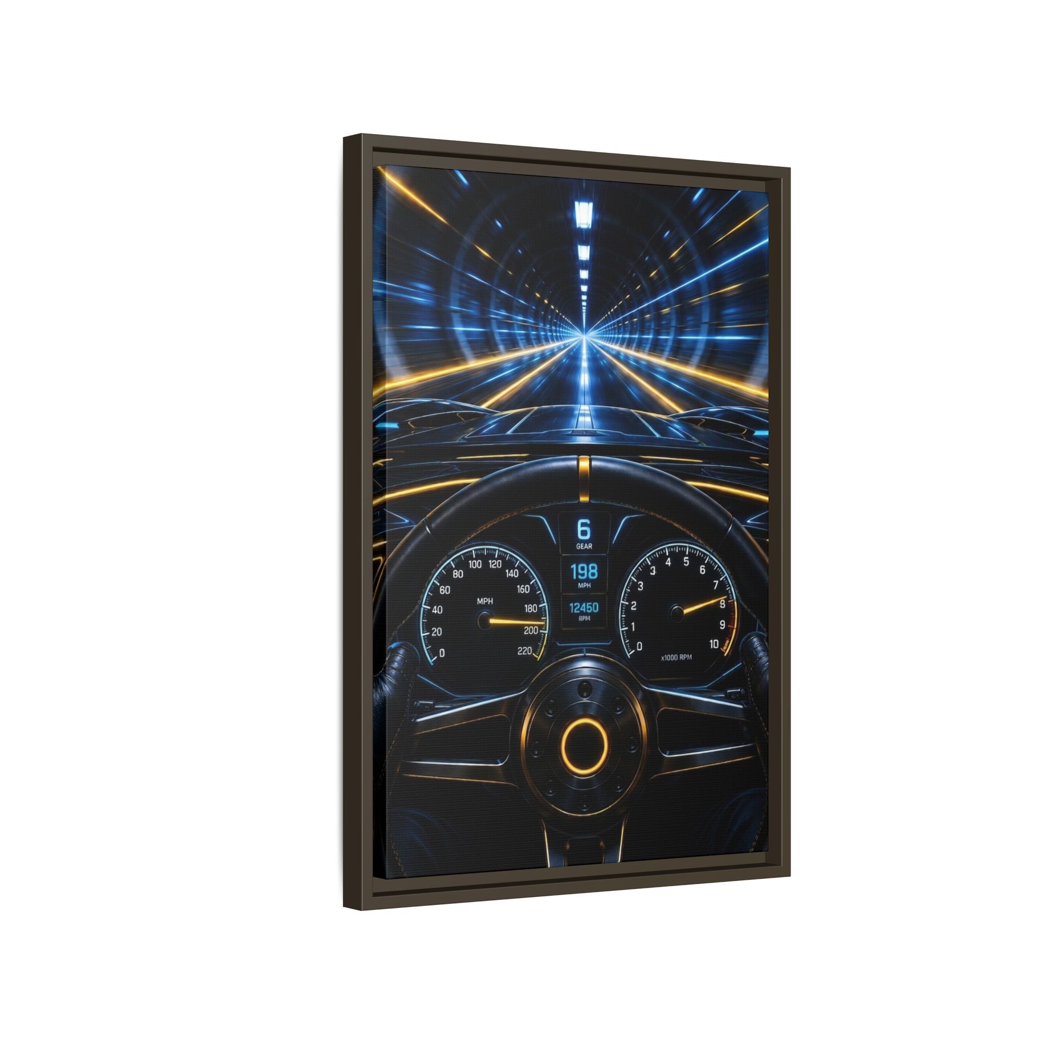 Tunnel Drive Framed Canvas Print — Retro Futuristic Car Dashboard Wall Art