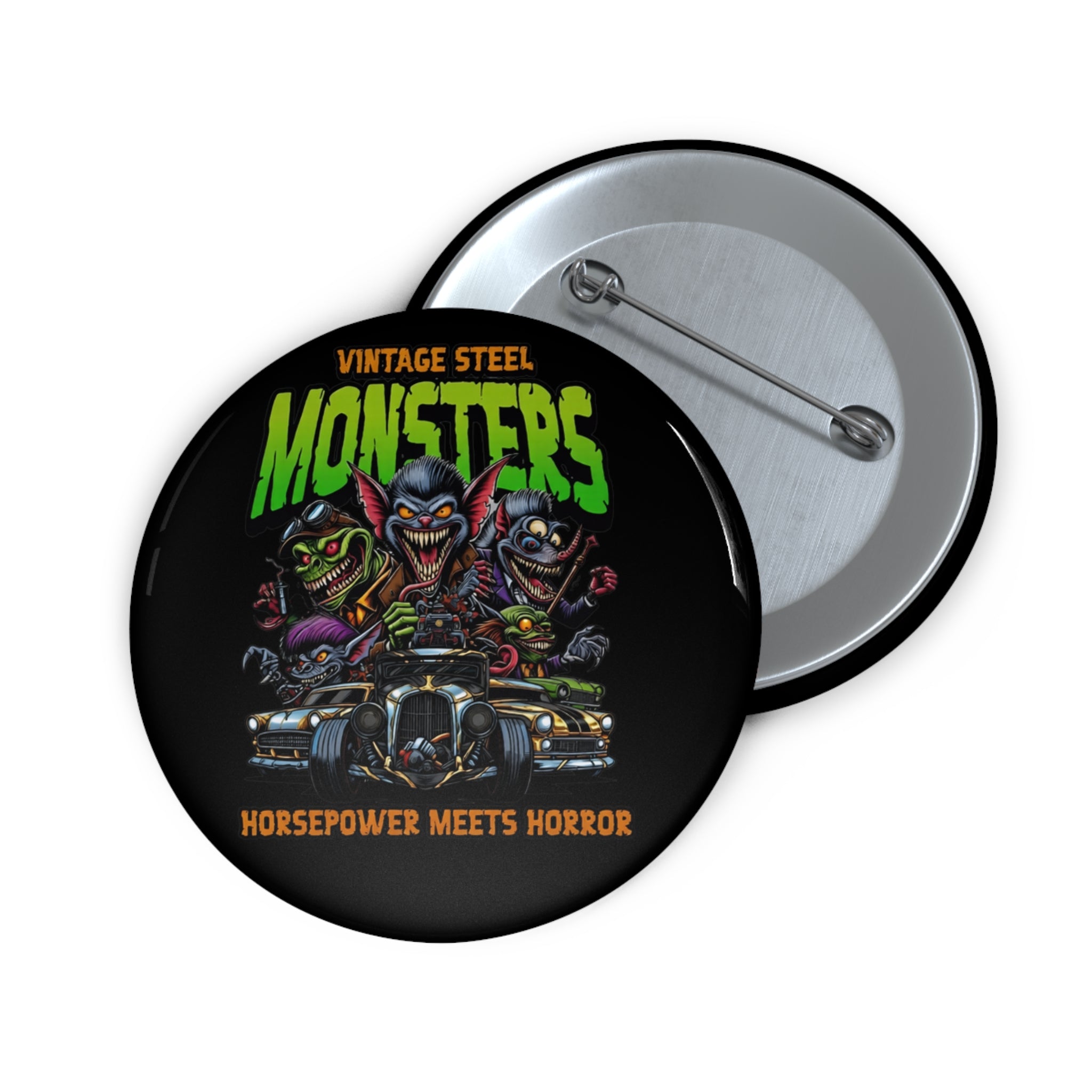 Monster Car Pin Button — “Vintage Steel Monsters: Horsepower Meets Horror”