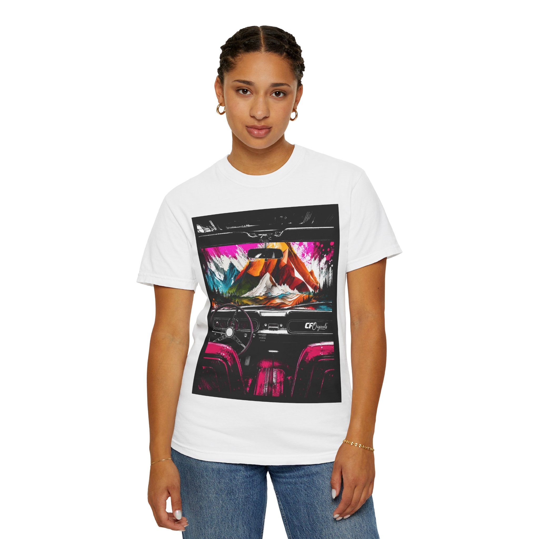 CarFits.store Big Prints T-Shirt — Retro Engine & Scenic Drive