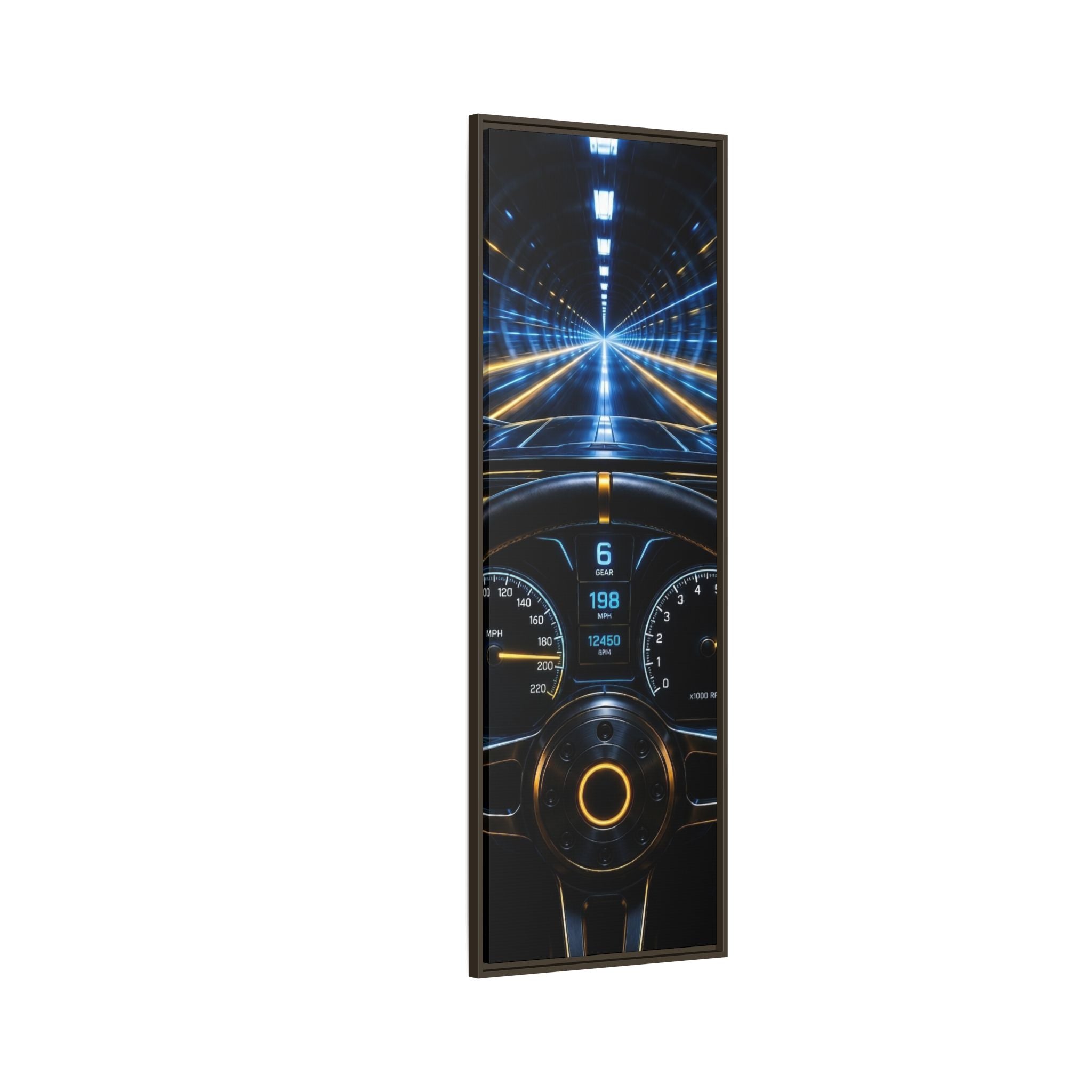 Tunnel Drive Framed Canvas Print — Retro Futuristic Car Dashboard Wall Art