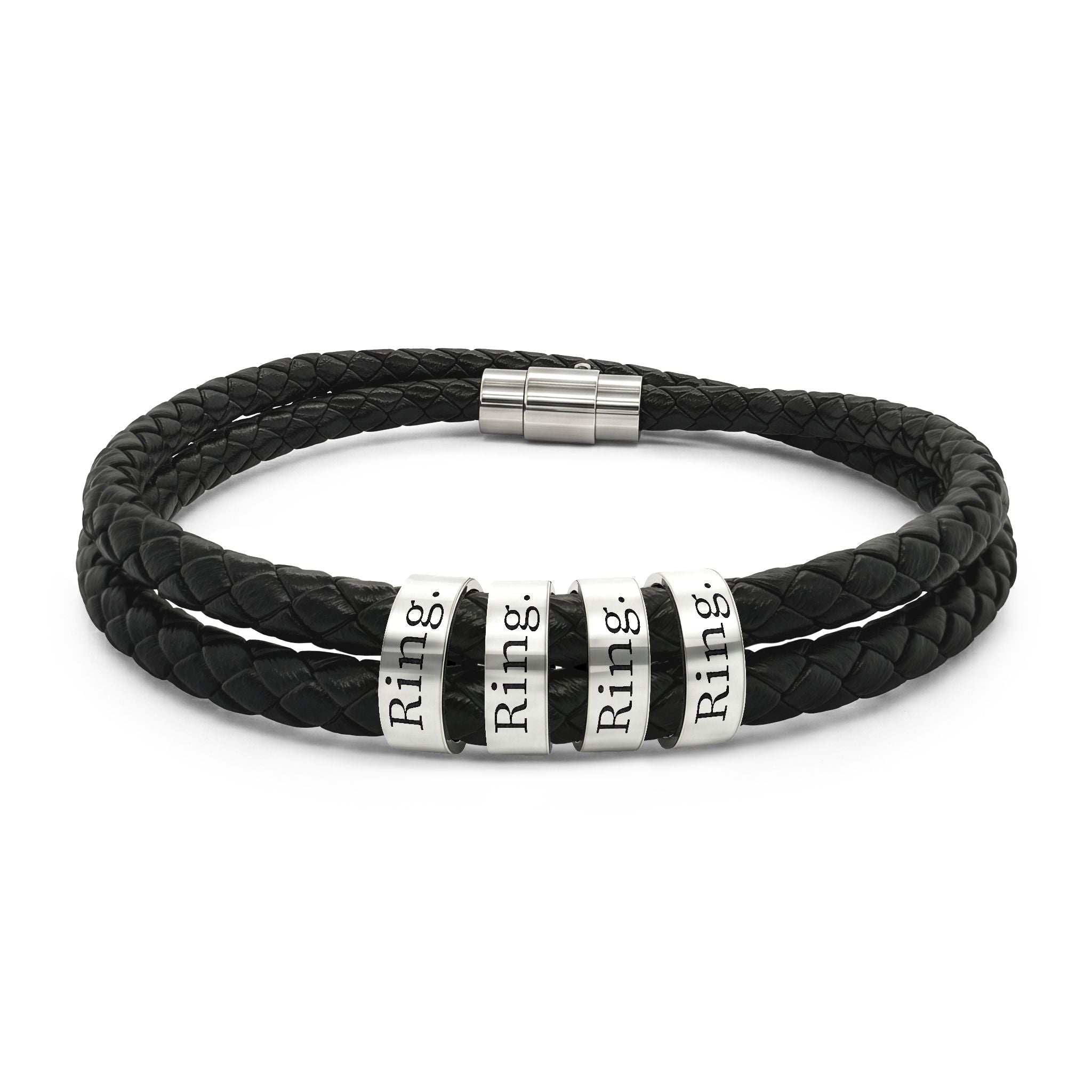 Four Rings Engraved Leather and Stainless Bracelet
