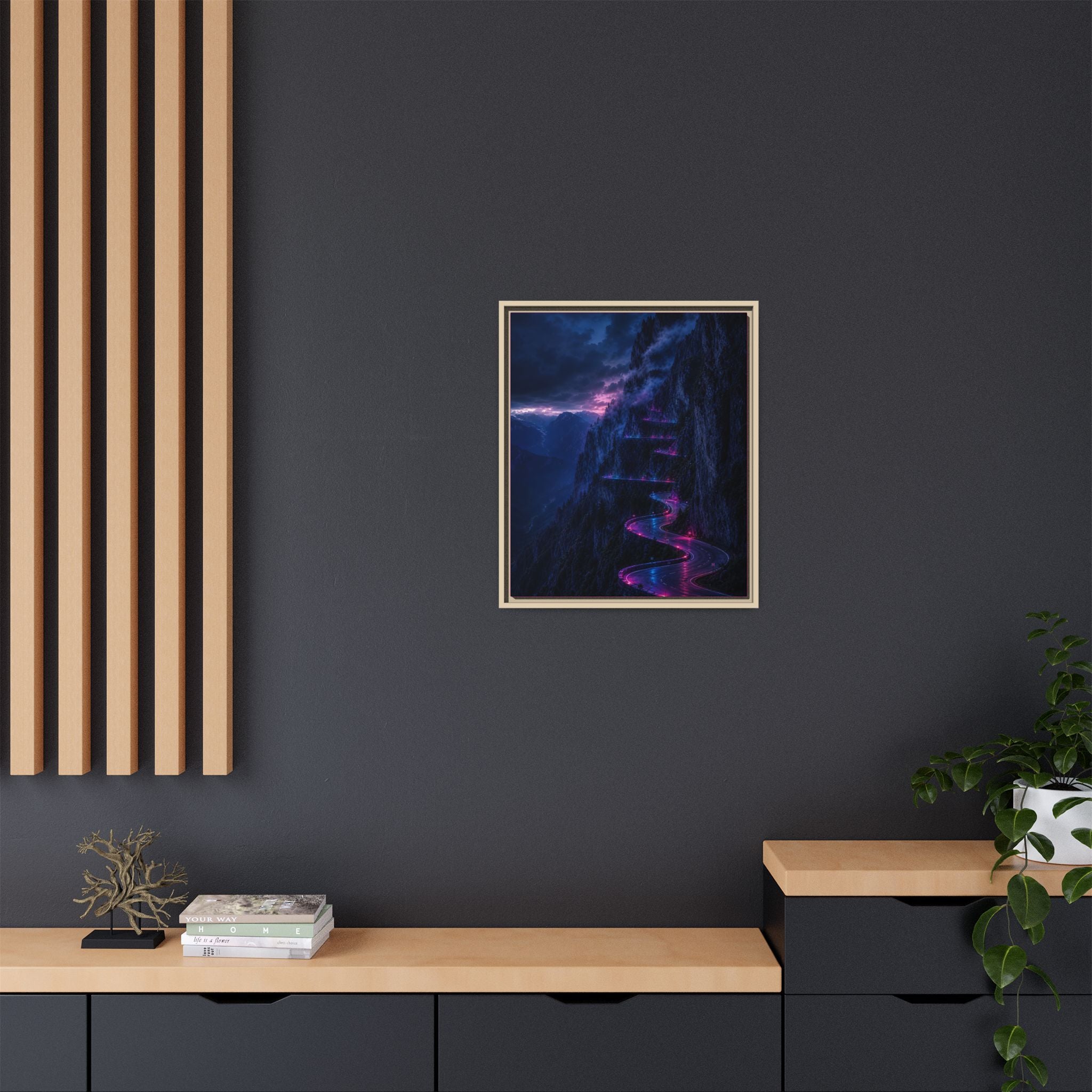 Neon Mountain Road Matte Canvas Print — Framed Nightscape Wall Art