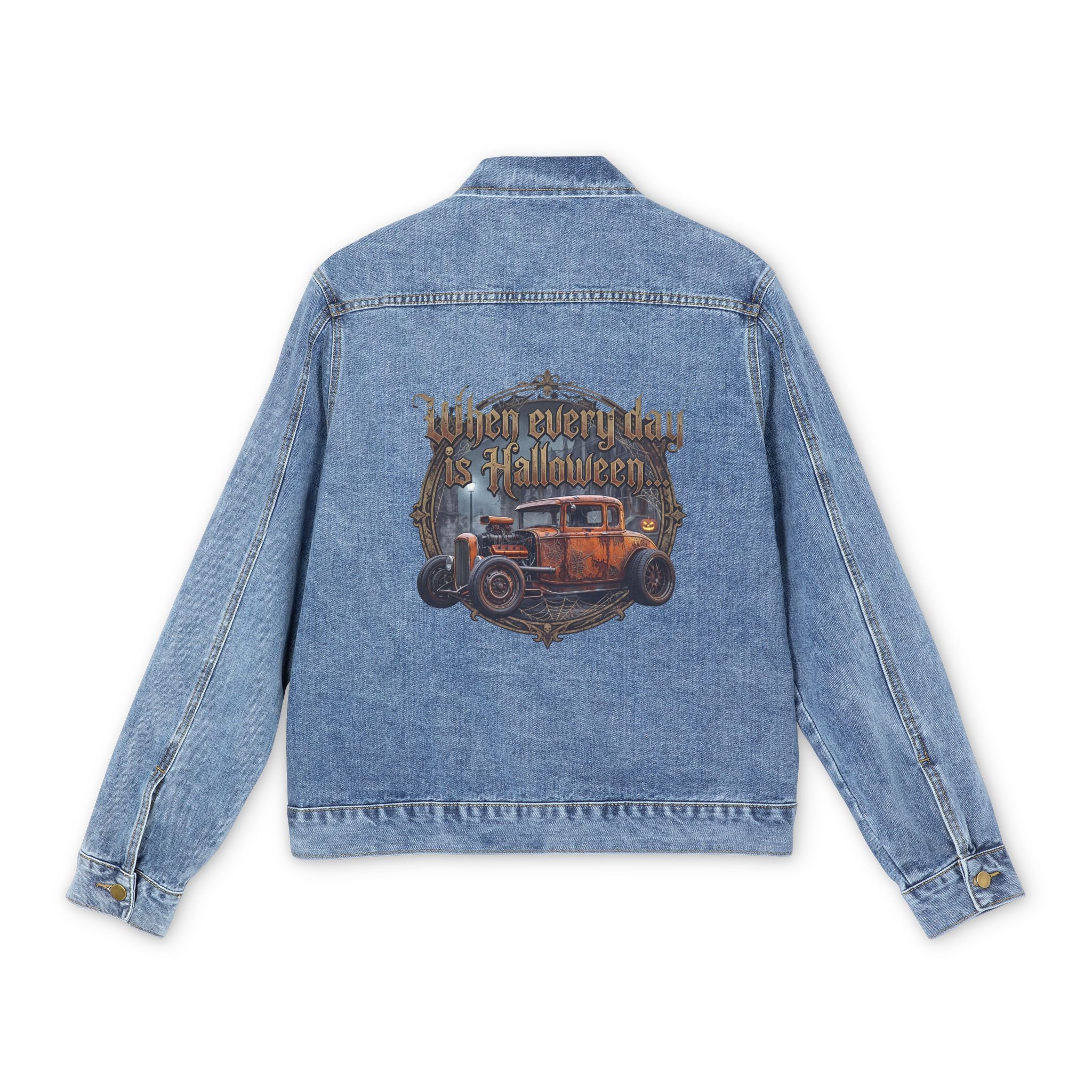 Denim Jacket — 'When Every Day Is Halloween' Vintage Hot Rod Back Print