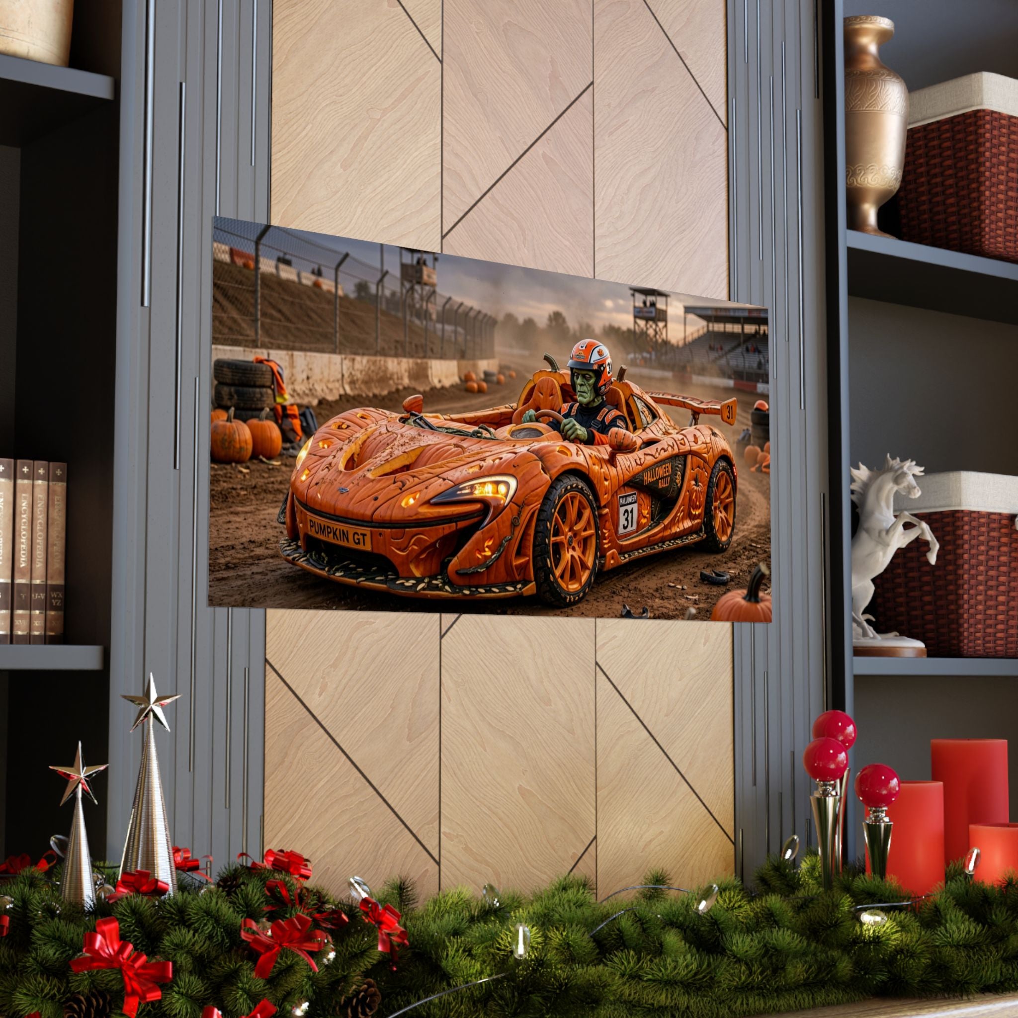 Halloween Race Car Poster — Orange Pumpkin Sports Car Matte Horizontal Print