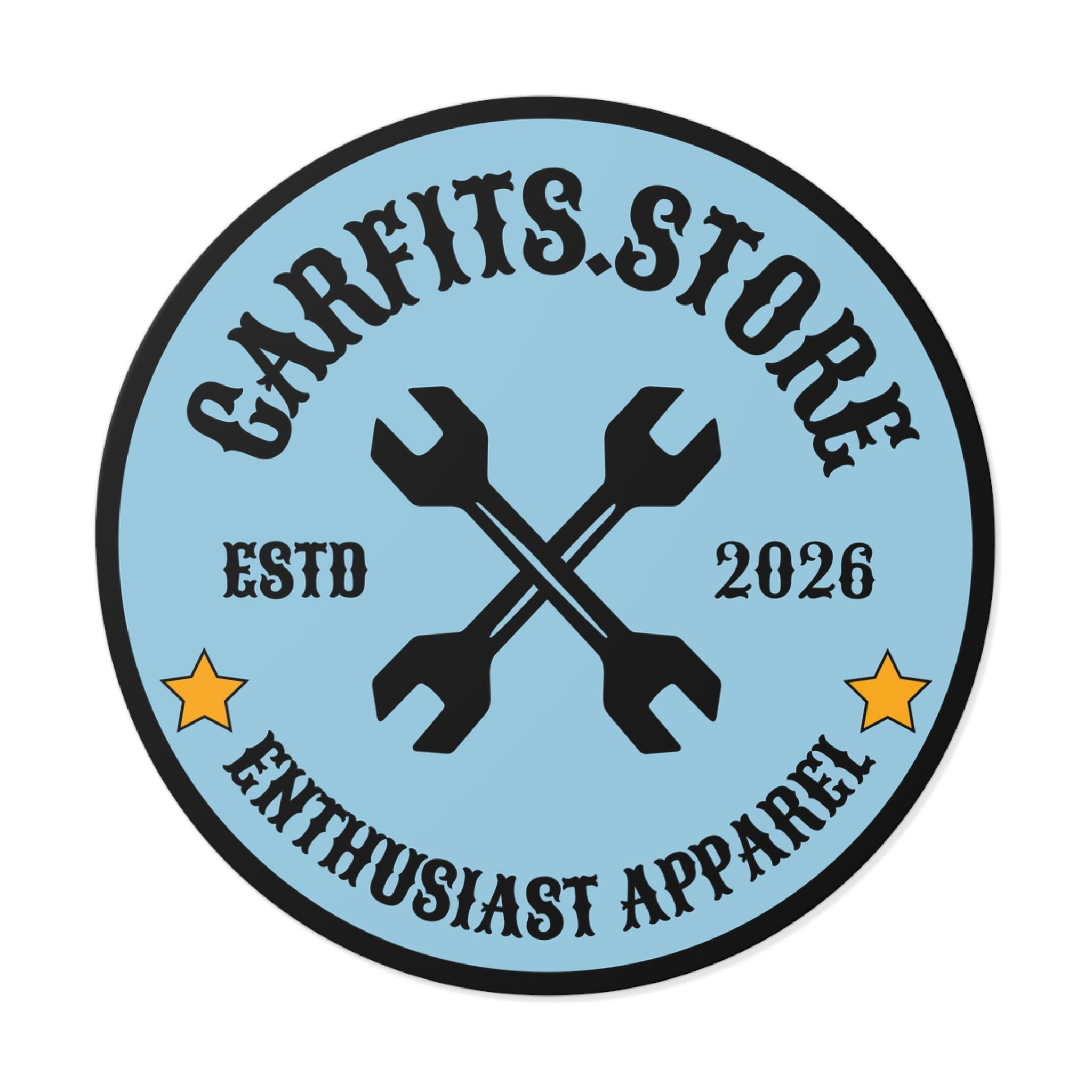 Logo Round Vinyl Sticker — 'CARFITS.STORE' Wrench Emblem (ESTD 2026)