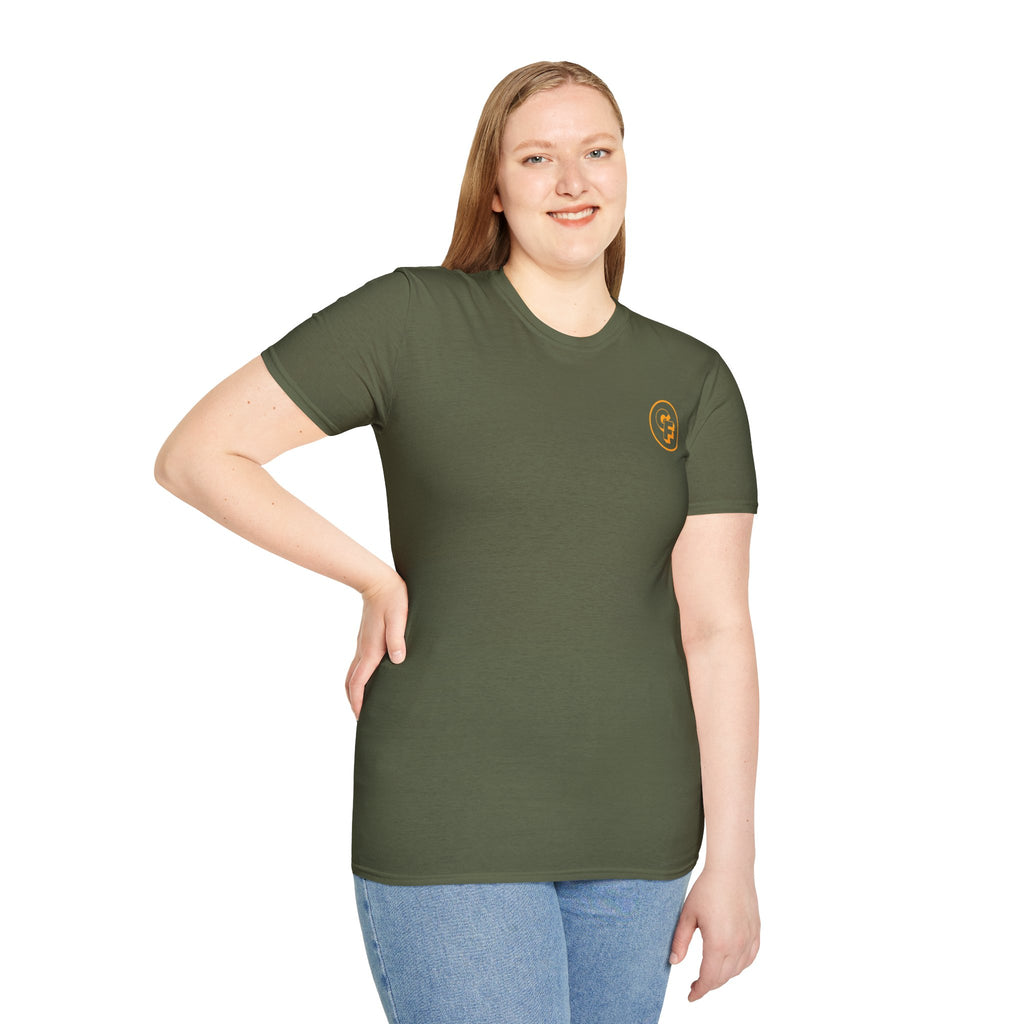 Minimal Orange CF Logo T-Shirt — Subtle Chest & Statement Back Graphic