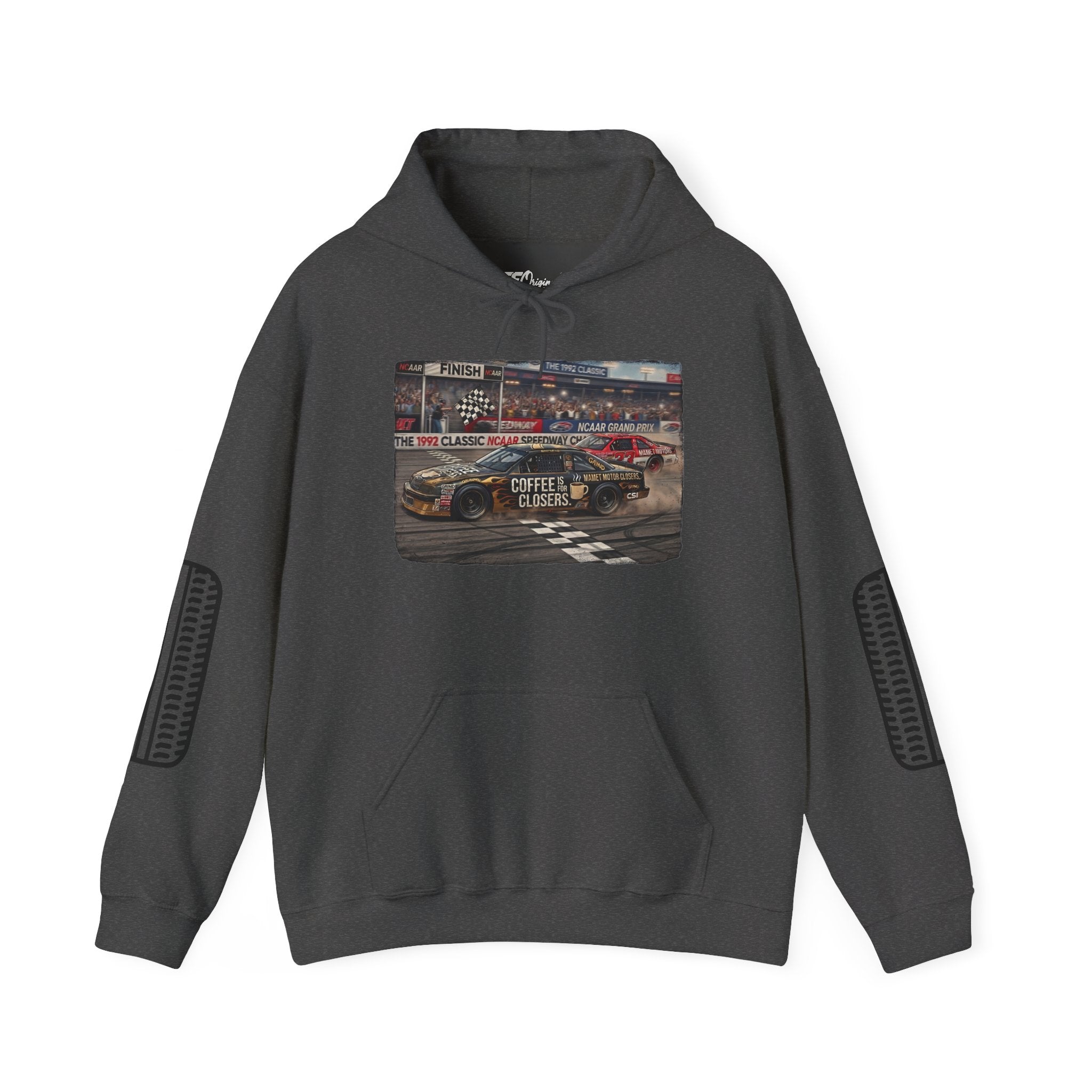 Racing Garage Hooded Sweatshirt — Vintage Racecar Track Scene
