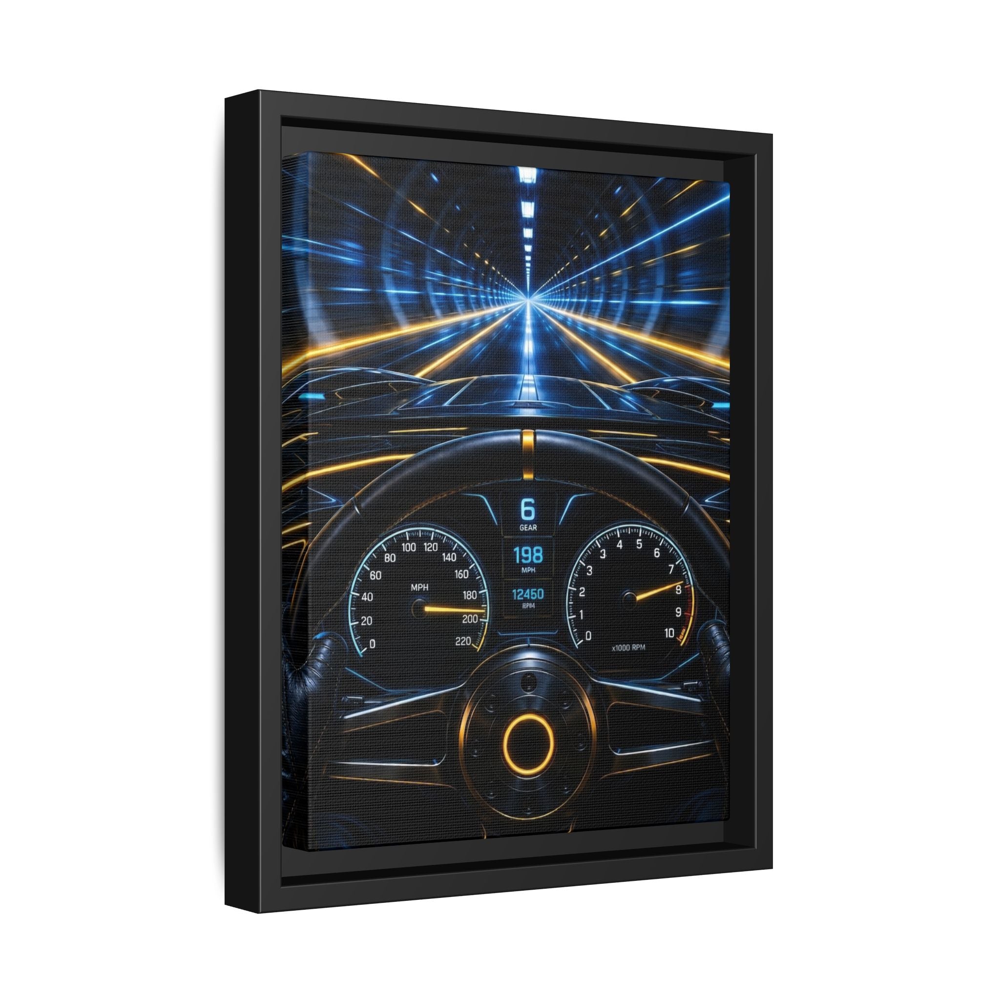 Tunnel Drive Framed Canvas Print — Retro Futuristic Car Dashboard Wall Art