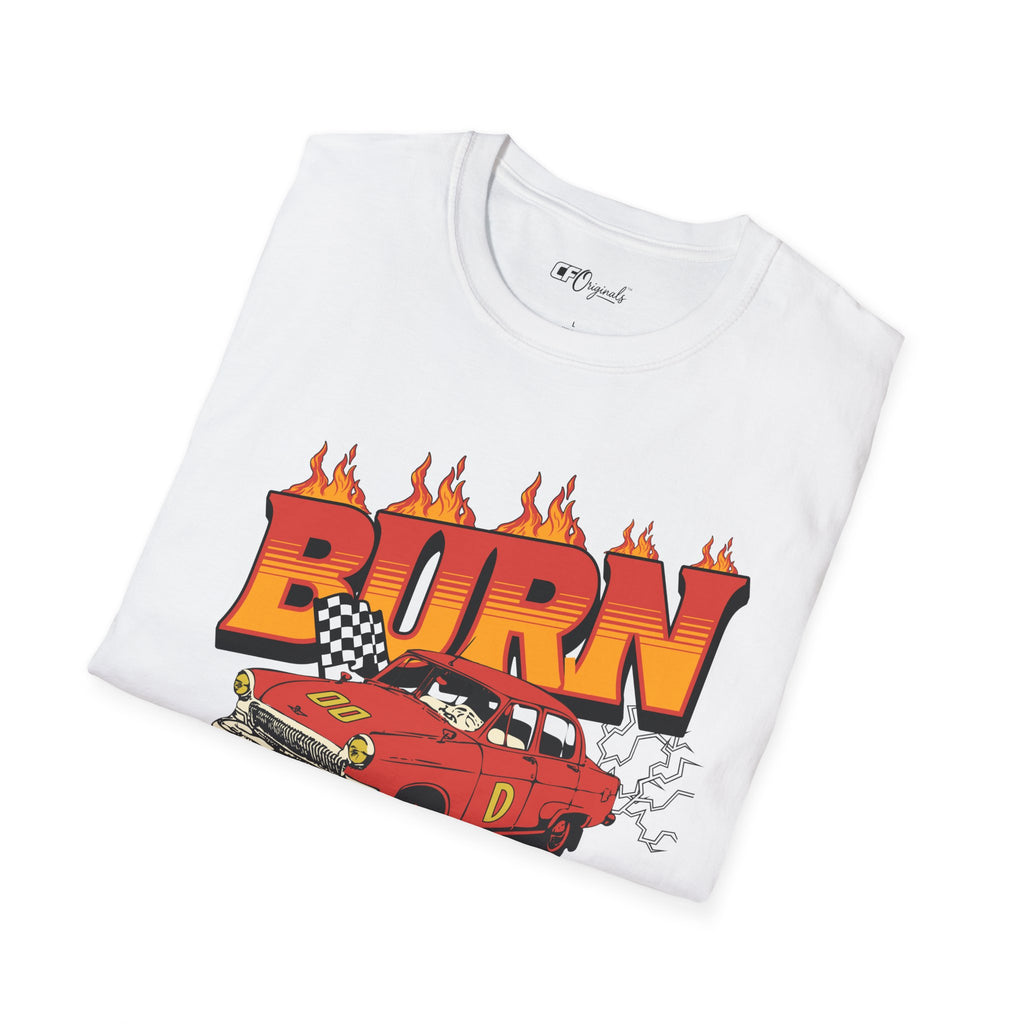 Racing 'BURN' Graphic Tee — Retro Flaming Racecar Chicago Track Shirt