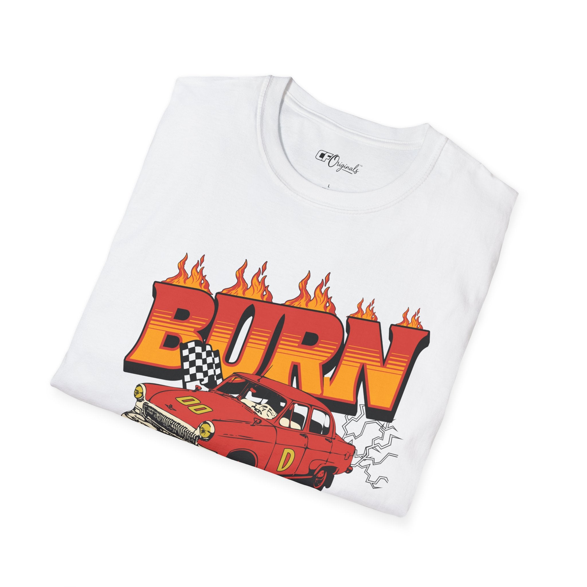 Racing 'BURN' Graphic Tee — Retro Flaming Racecar Chicago Track Shirt