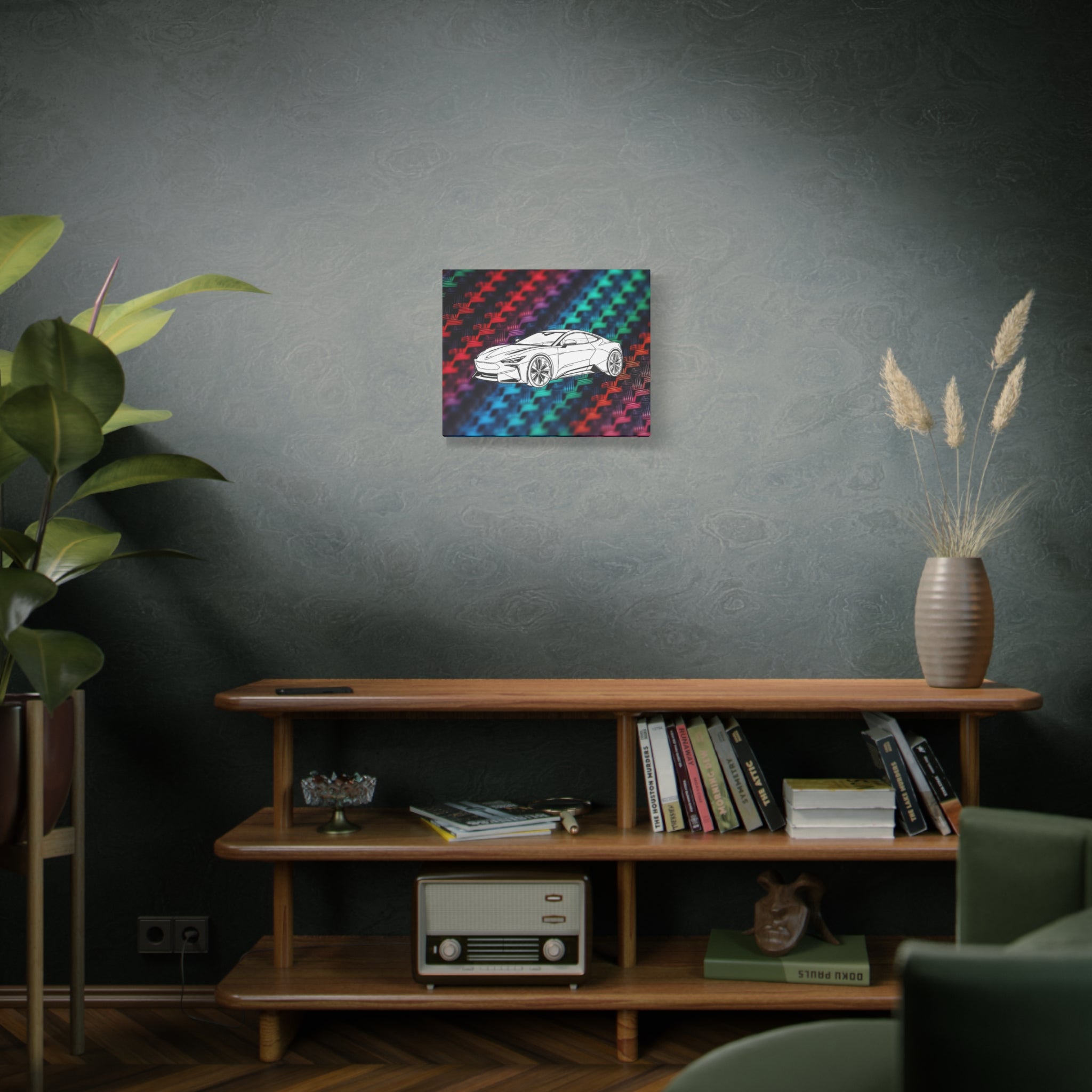 Modern Sports Car Canvas Wall Art – White Line Drawing on Rainbow Carbon Fiber Background