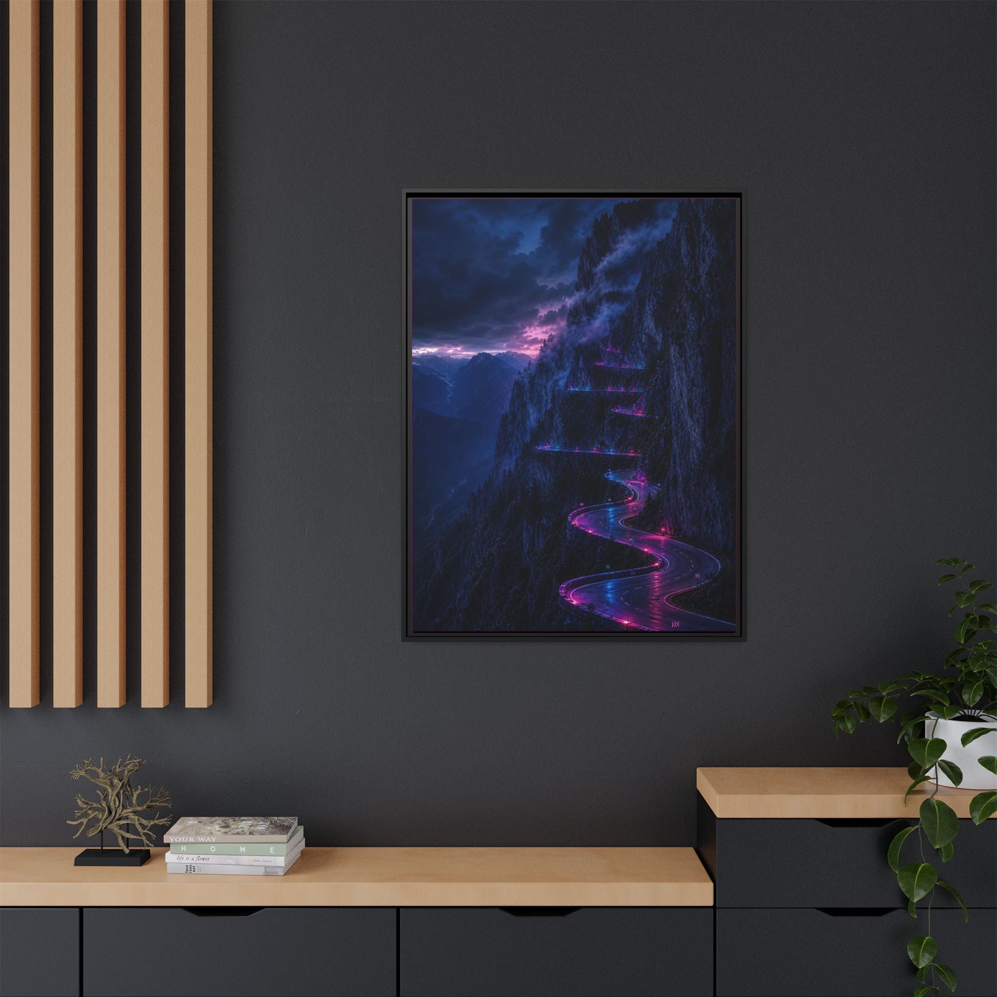 Neon Mountain Road Matte Canvas Print — Framed Nightscape Wall Art