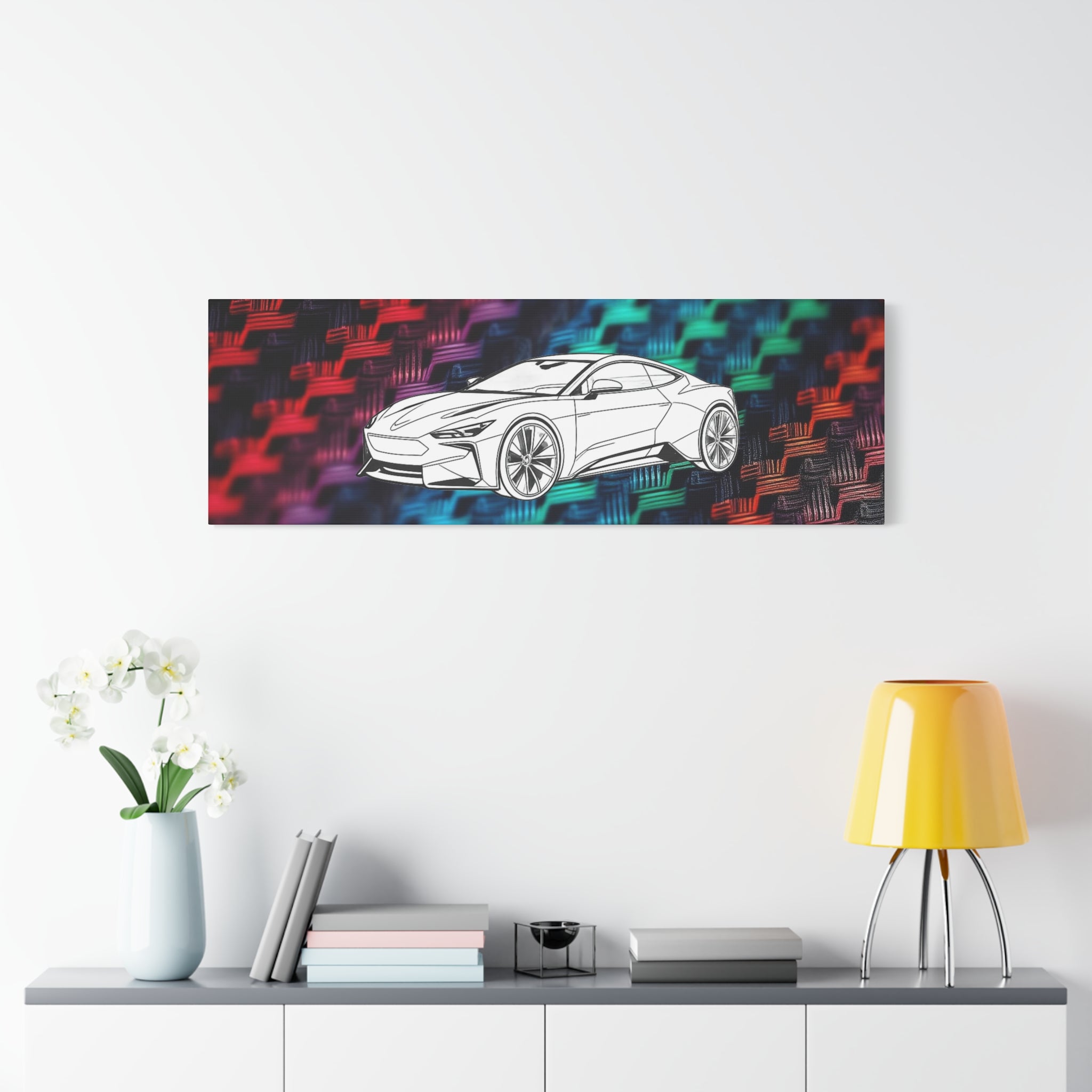 Modern Sports Car Canvas Wall Art – White Line Drawing on Rainbow Carbon Fiber Background