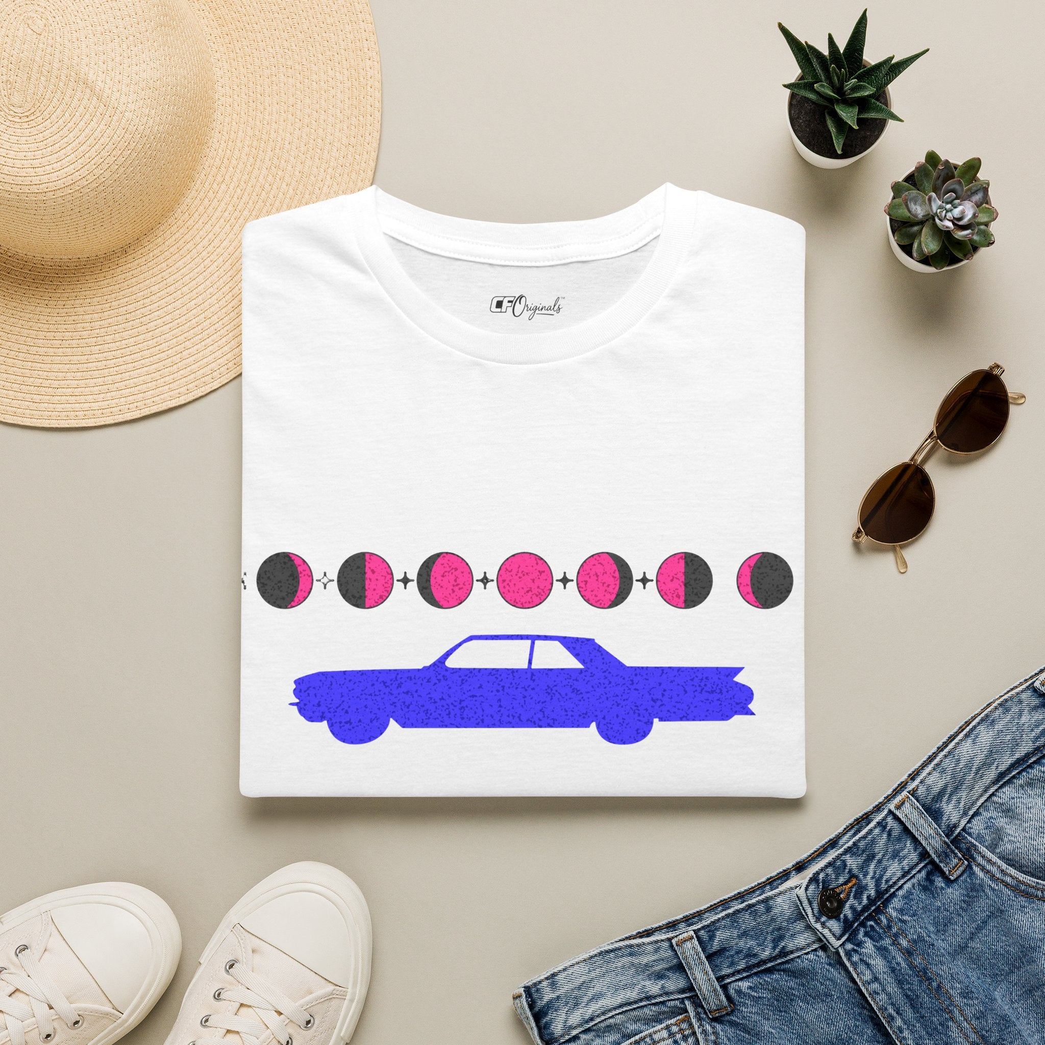 Retro Moon Phase Car T‑Shirt — Blue Classic Car with Pink Moon Phases