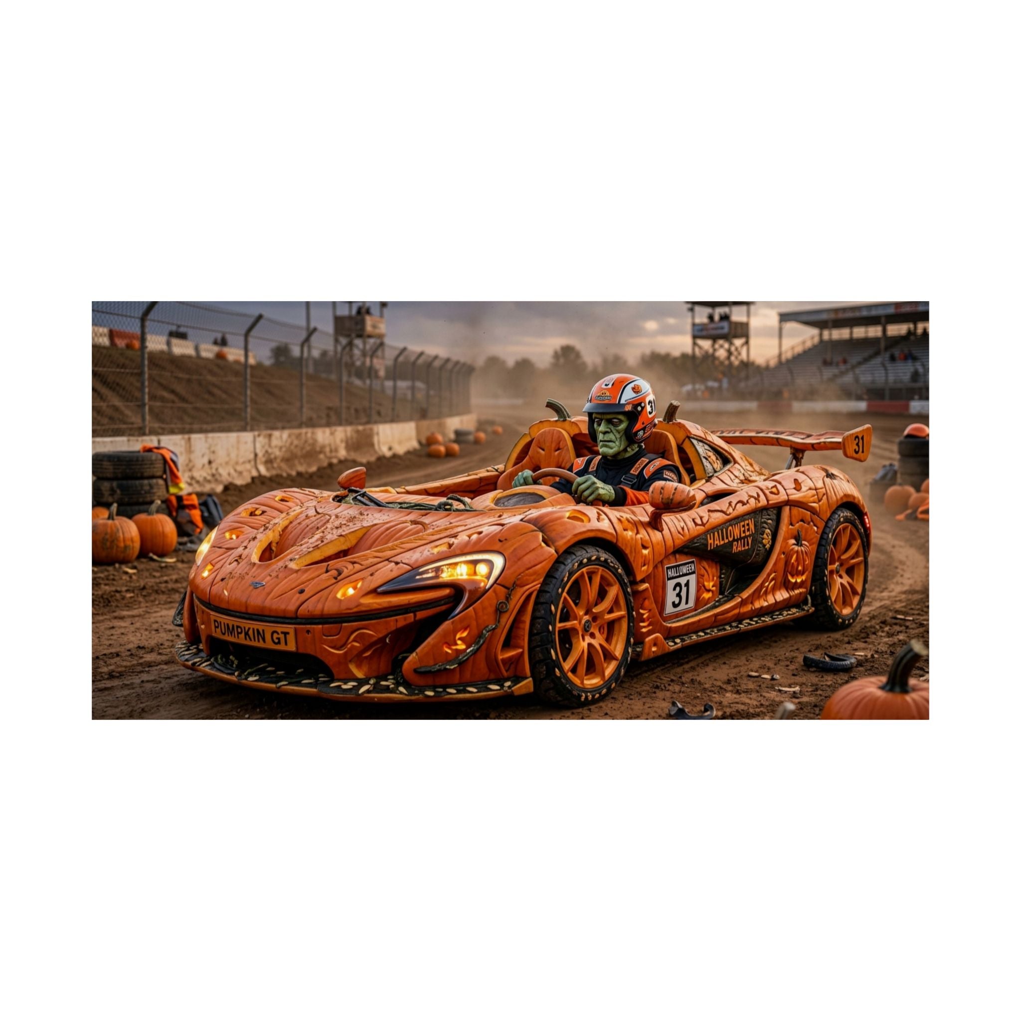 Halloween Race Car Poster — Orange Pumpkin Sports Car Matte Horizontal Print