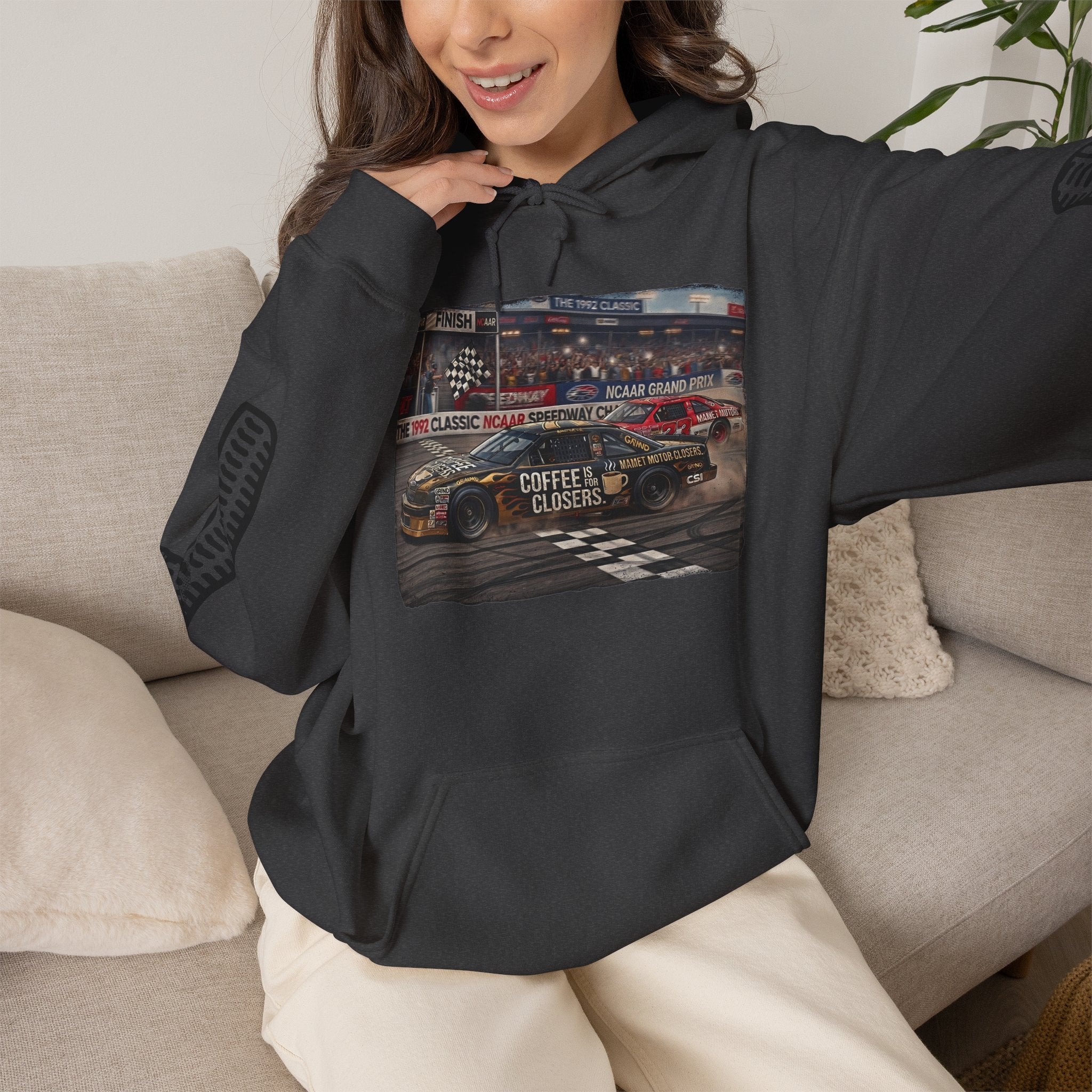 Racing Garage Hooded Sweatshirt — Vintage Racecar Track Scene