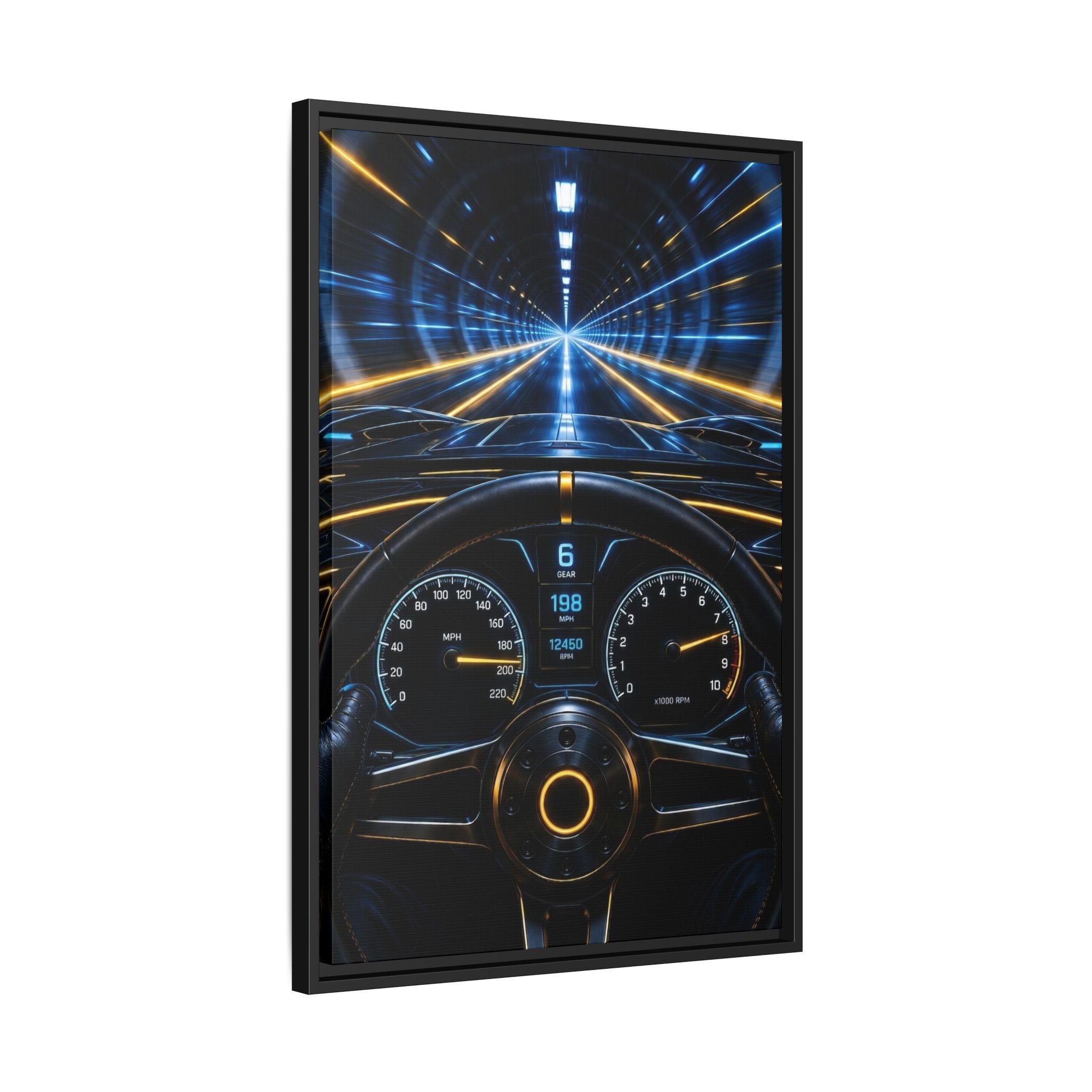Tunnel Drive Framed Canvas Print — Retro Futuristic Car Dashboard Wall Art