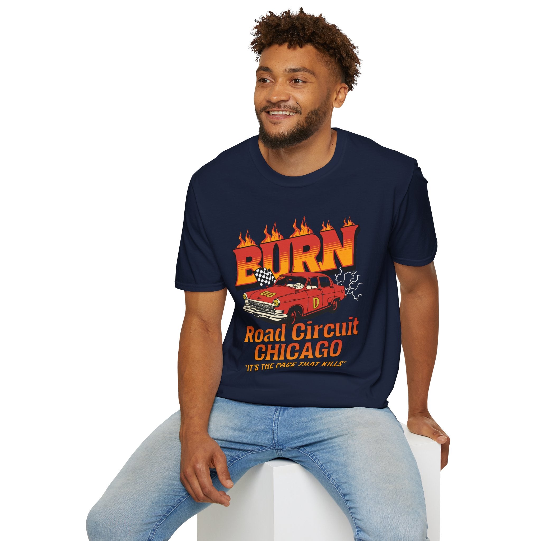 Racing 'BURN' Graphic Tee — Retro Flaming Racecar Chicago Track Shirt