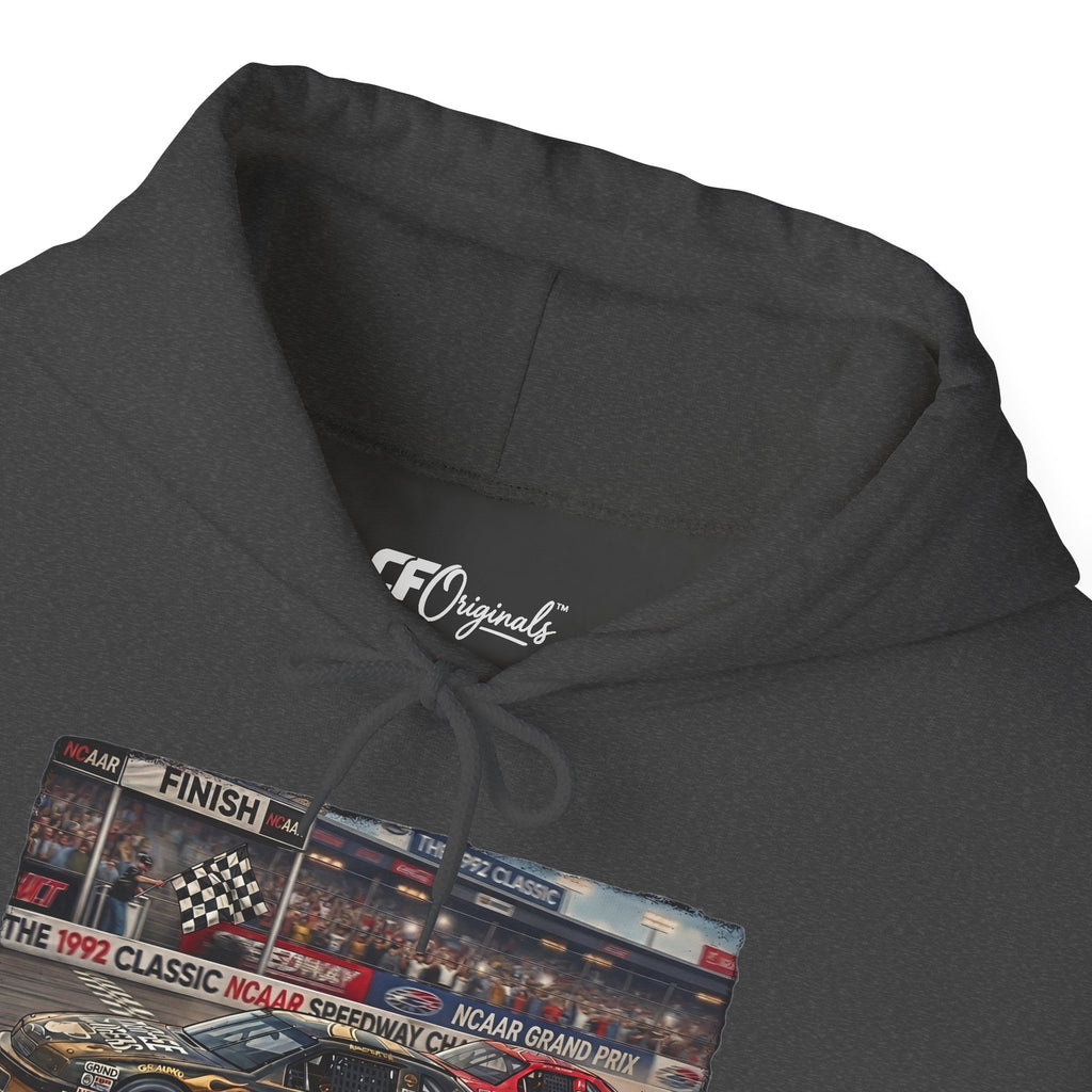 Racing Garage Hooded Sweatshirt — Vintage Racecar Track Scene