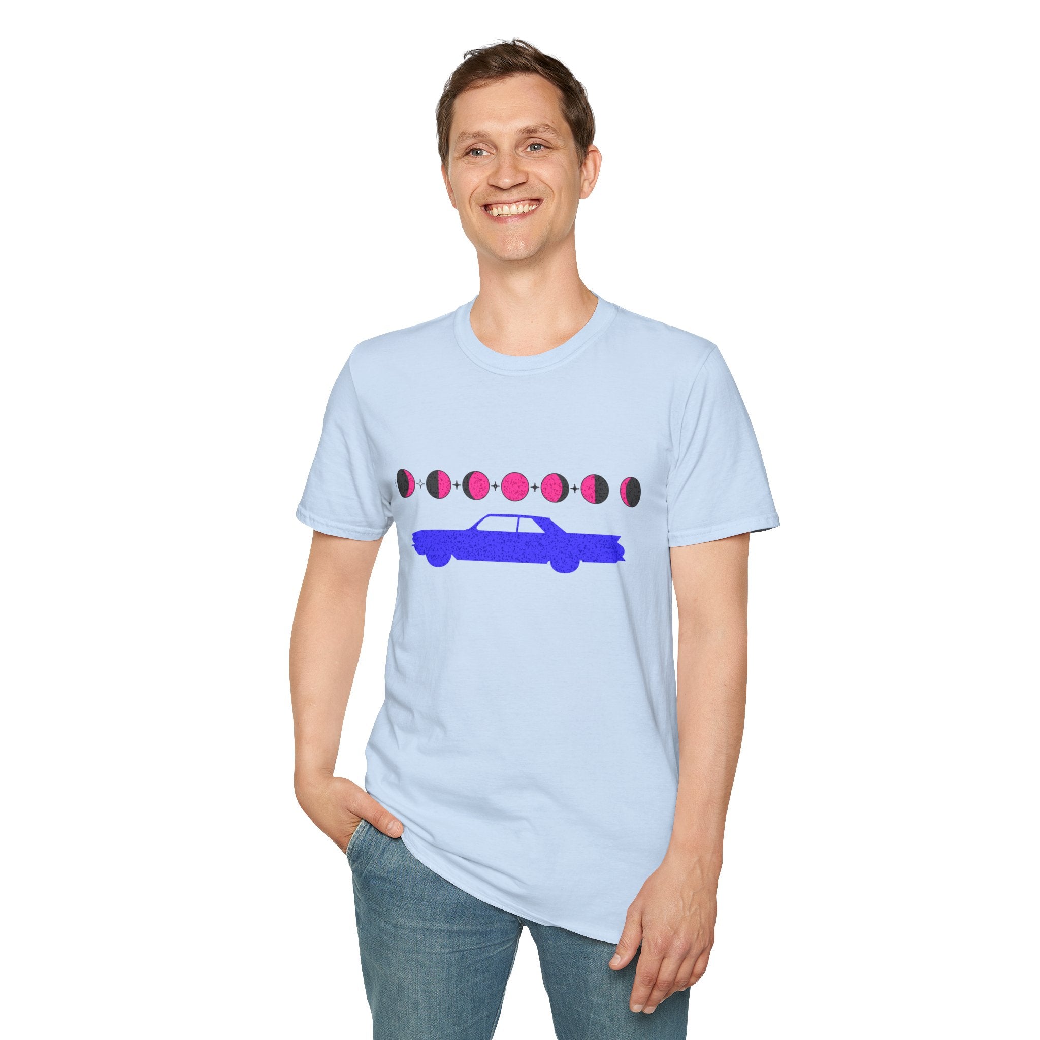 Retro Moon Phase Car T‑Shirt — Blue Classic Car with Pink Moon Phases