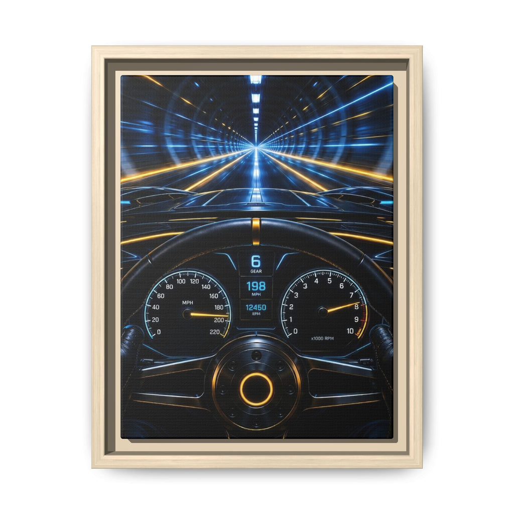 Tunnel Drive Framed Canvas Print — Retro Futuristic Car Dashboard Wall Art