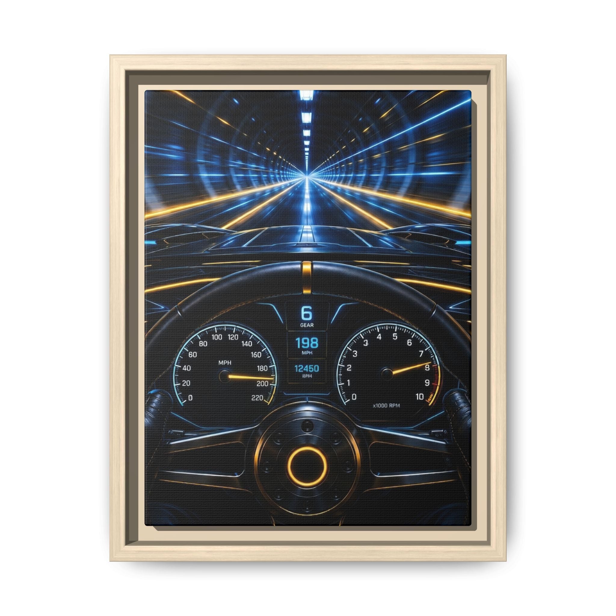 Tunnel Drive Framed Canvas Print — Retro Futuristic Car Dashboard Wall Art