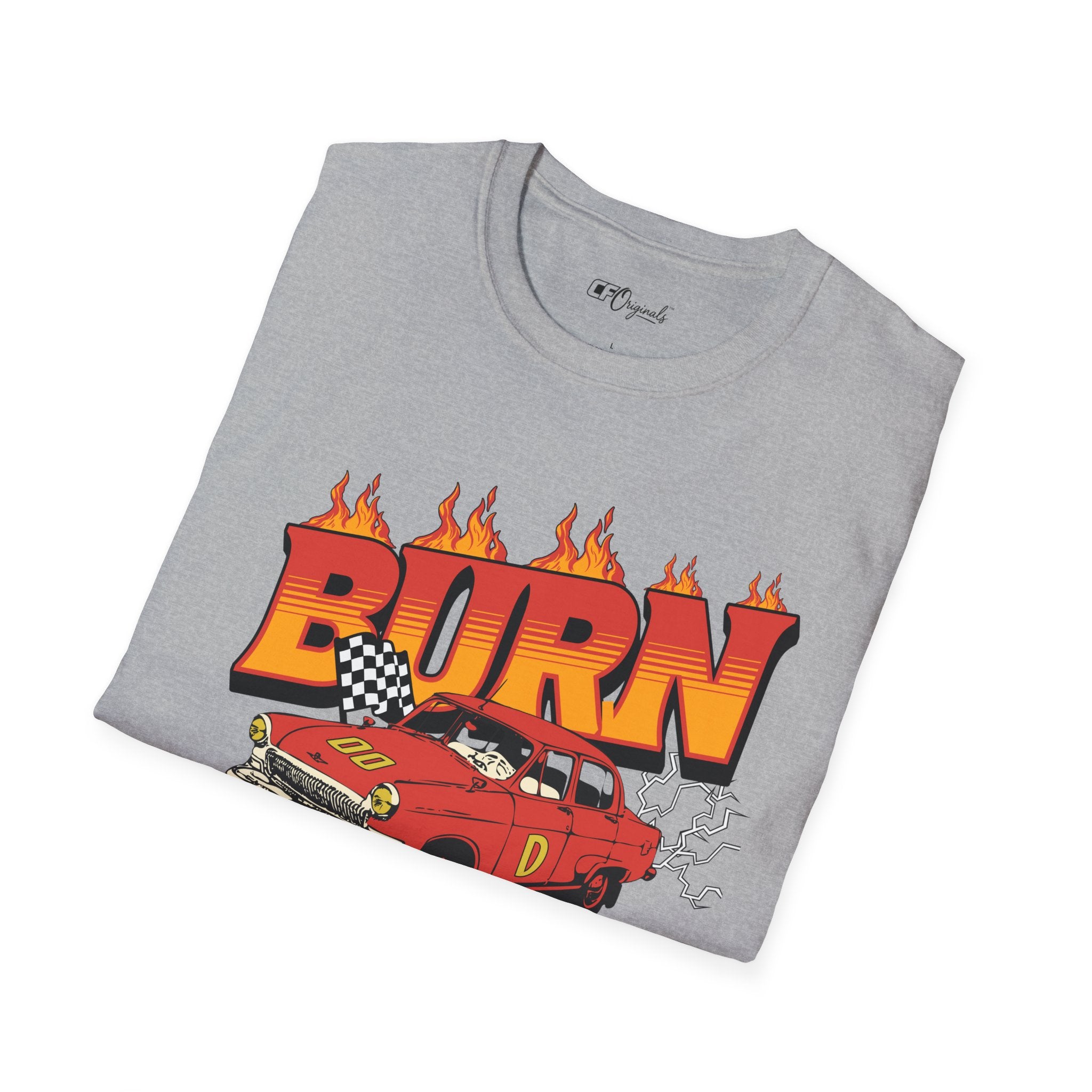 Racing 'BURN' Graphic Tee — Retro Flaming Racecar Chicago Track Shirt