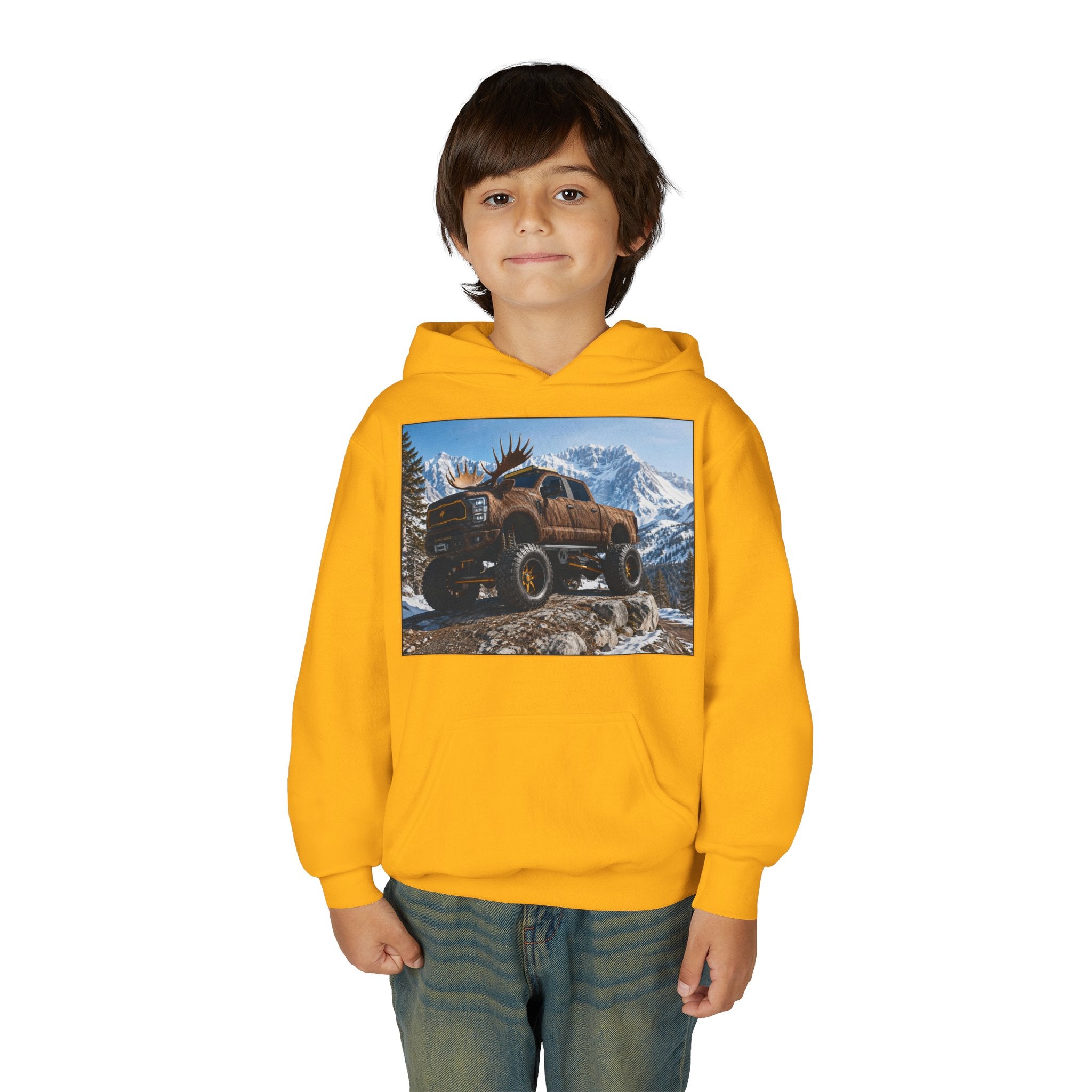 Youth Hoodie - Moose Truck Mountain Adventure Graphic
