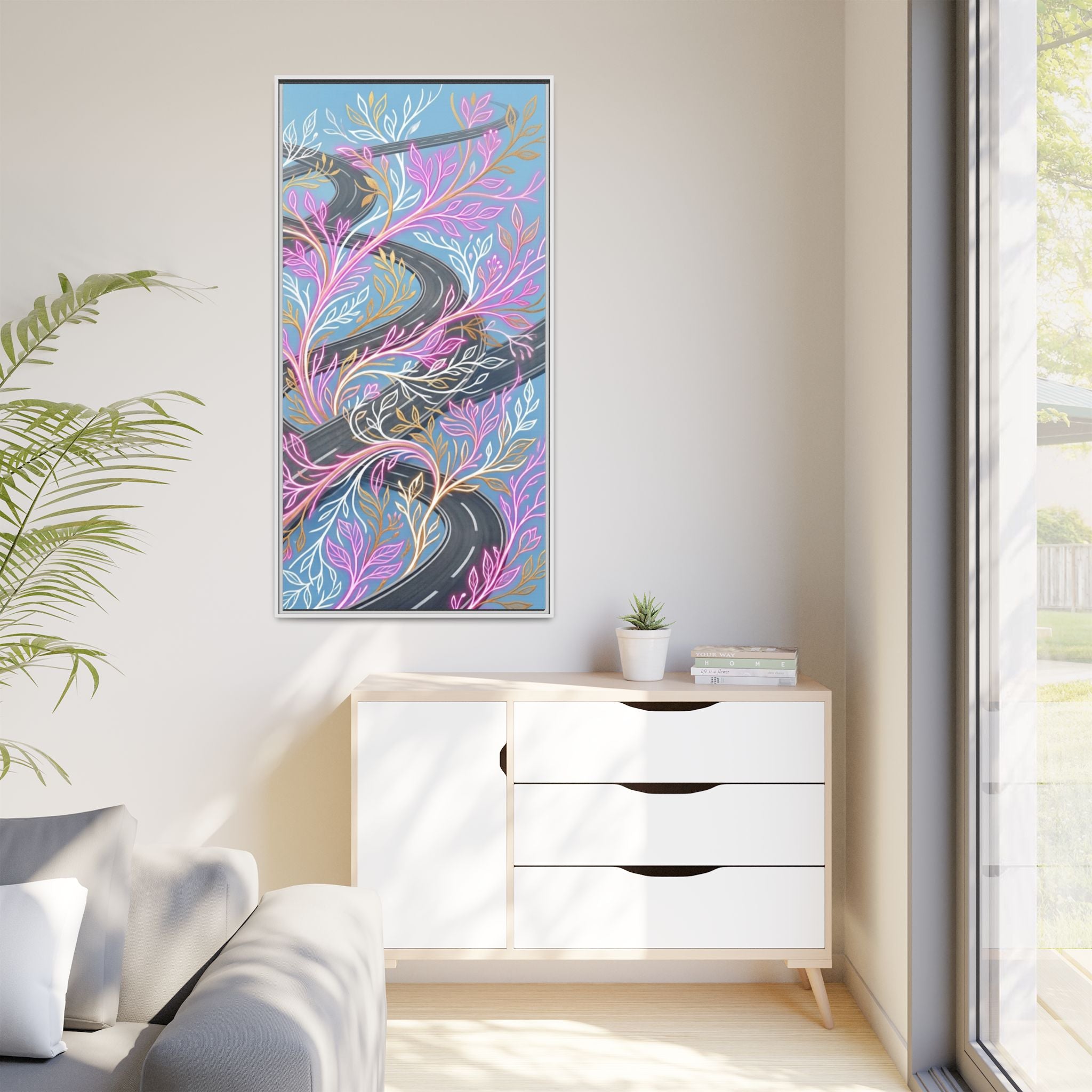 Framed Matte Canvas Floral Vines Wall Art — Pastel Botanical Abstract