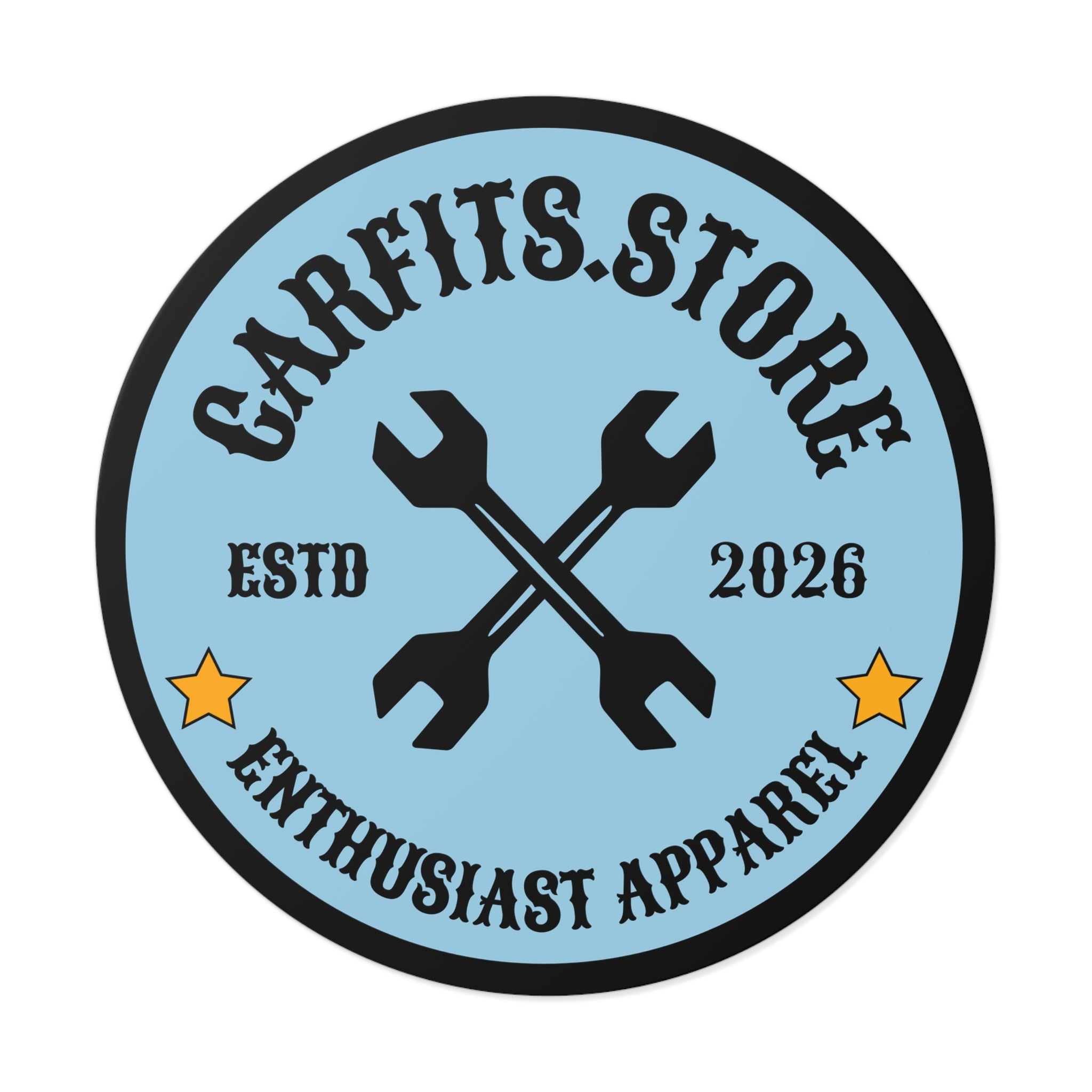 Logo Round Vinyl Sticker — 'CARFITS.STORE' Wrench Emblem (ESTD 2026)