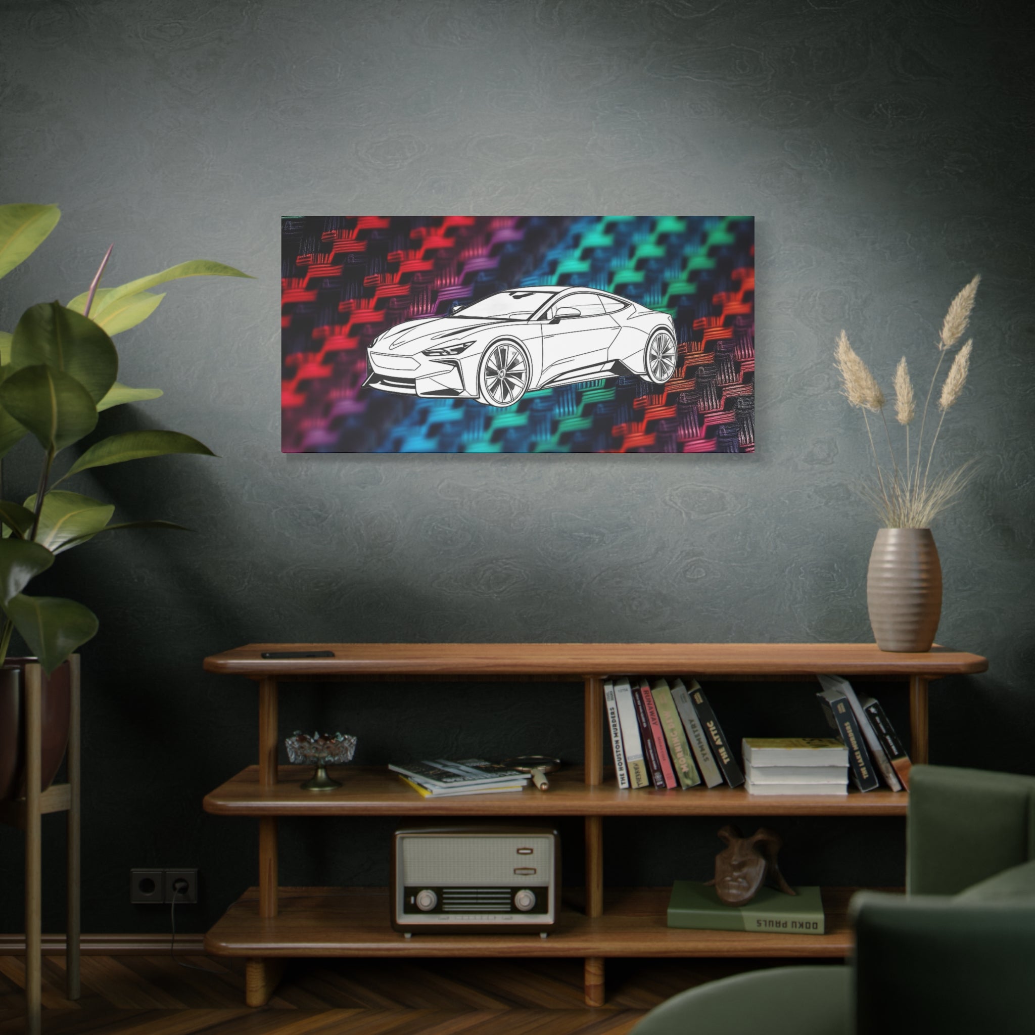 Modern Sports Car Canvas Wall Art – White Line Drawing on Rainbow Carbon Fiber Background